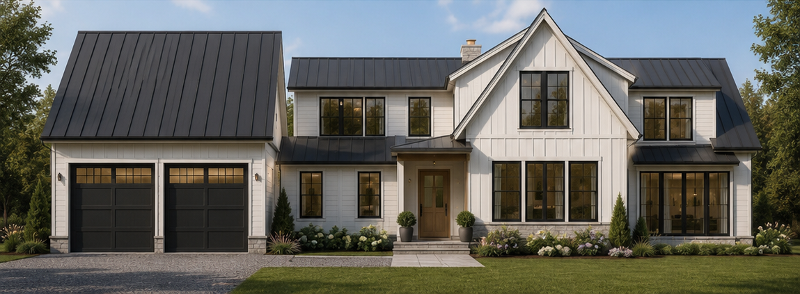 A modern two-story house with white exterior, black roofs, and large windows, surrounded by a landscaped lawn and garden.