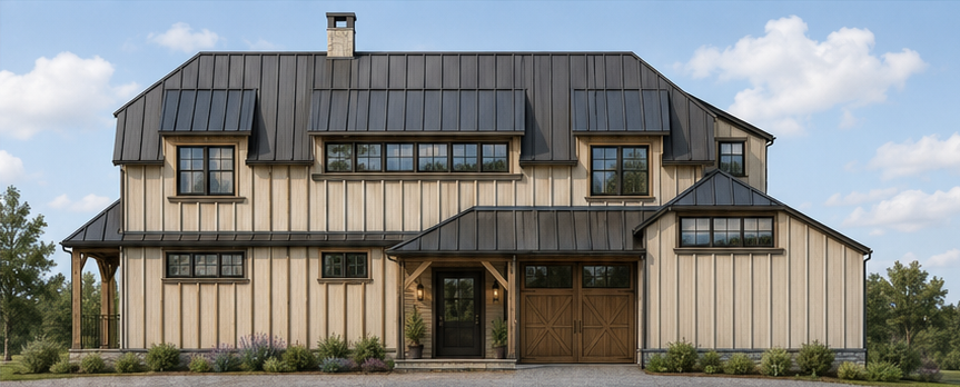Modern farmhouse-style two-story house with beige vertical siding, black metal roof, and multiple windows. Features a covered front porch and attached garage. Surrounded by landscaping and trees under a partly cloudy sky.