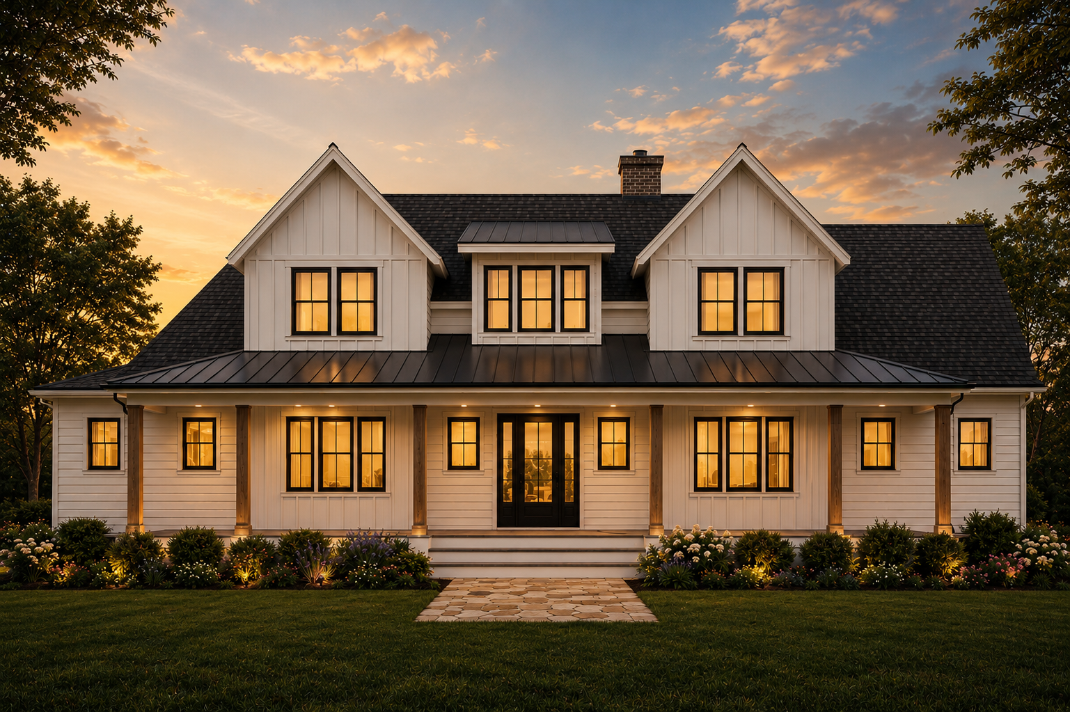 A two-story modern farmhouse with white siding and black window frames, illuminated from within, set against a sunset sky with trees on the sides.