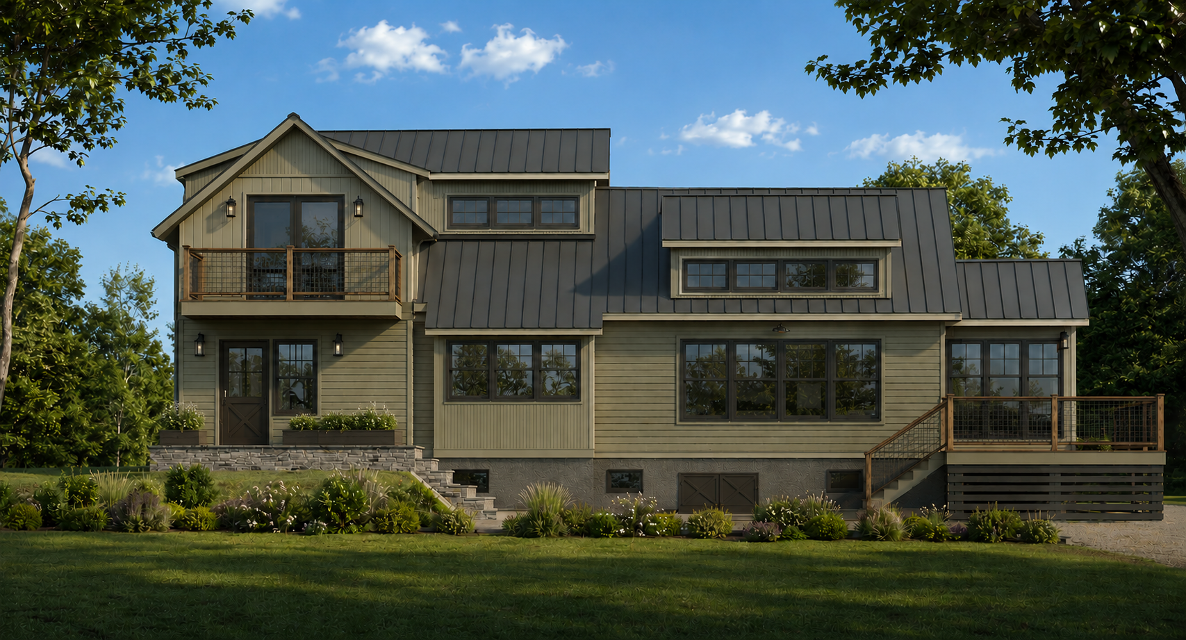 A modern two-story house with green siding, large windows, and a metal roof, surrounded by lush greenery and a well-maintained lawn.
