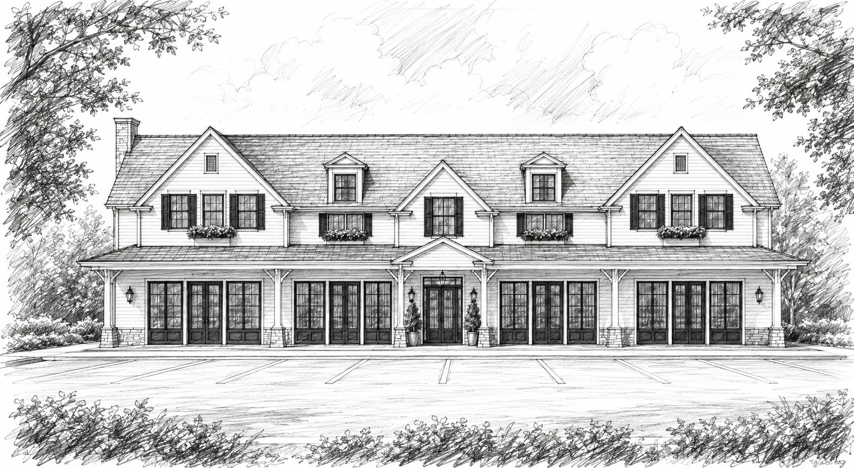 Black and white architectural sketch of a large, two-story mixed use building with retail on ground floor and apartments on second level with a porch on the ground level and dormer windows on the upper floor.