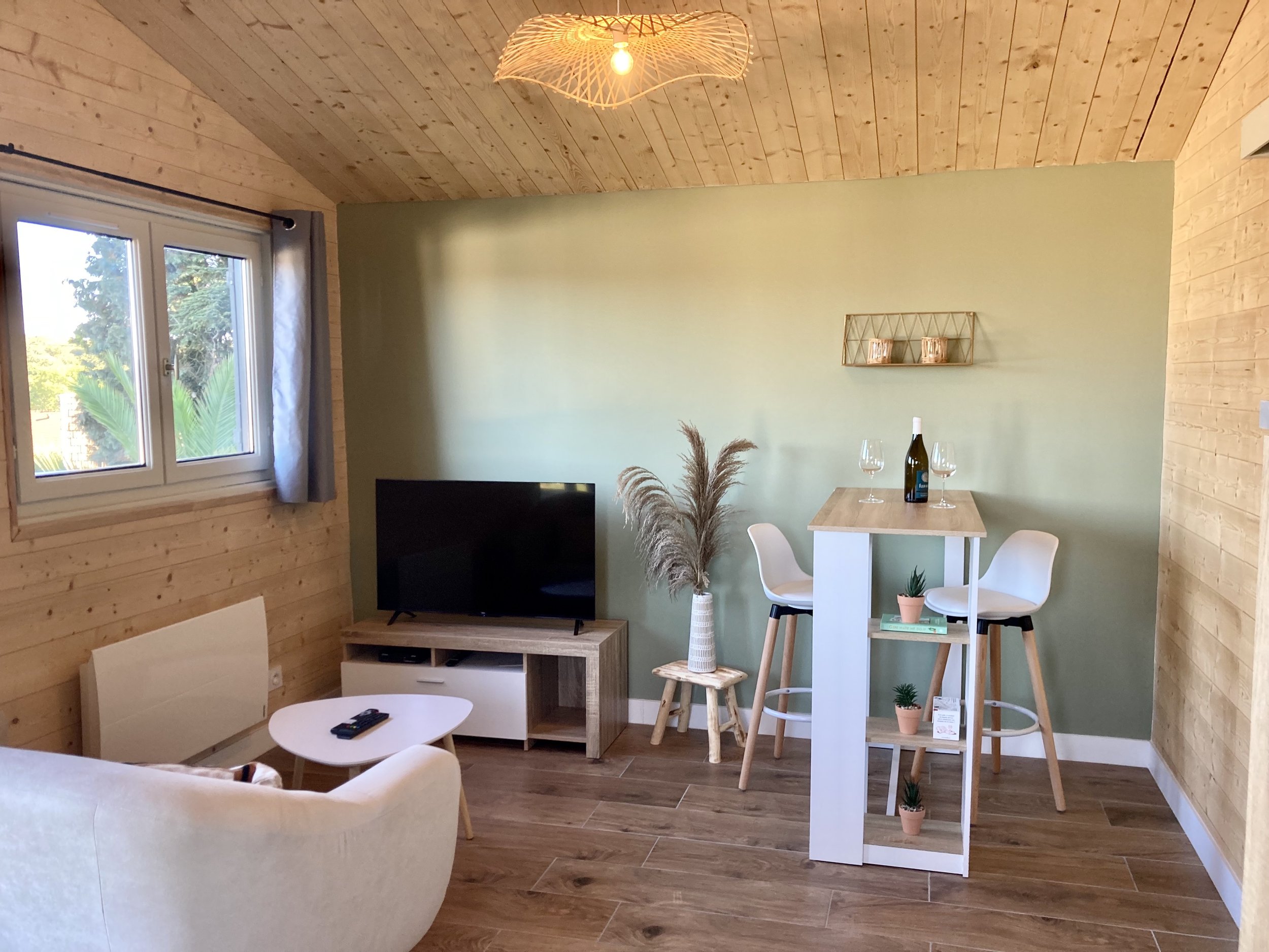 Modern cozy living room with wooden ceiling, TV, white furniture, small dining table with chairs, wine bottle and glasses, indoor plants, and window with curtains.