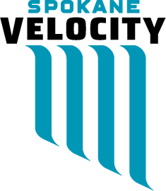 Spokane Velocity logo with stylized blue lines resembling speed trails, black and blue text