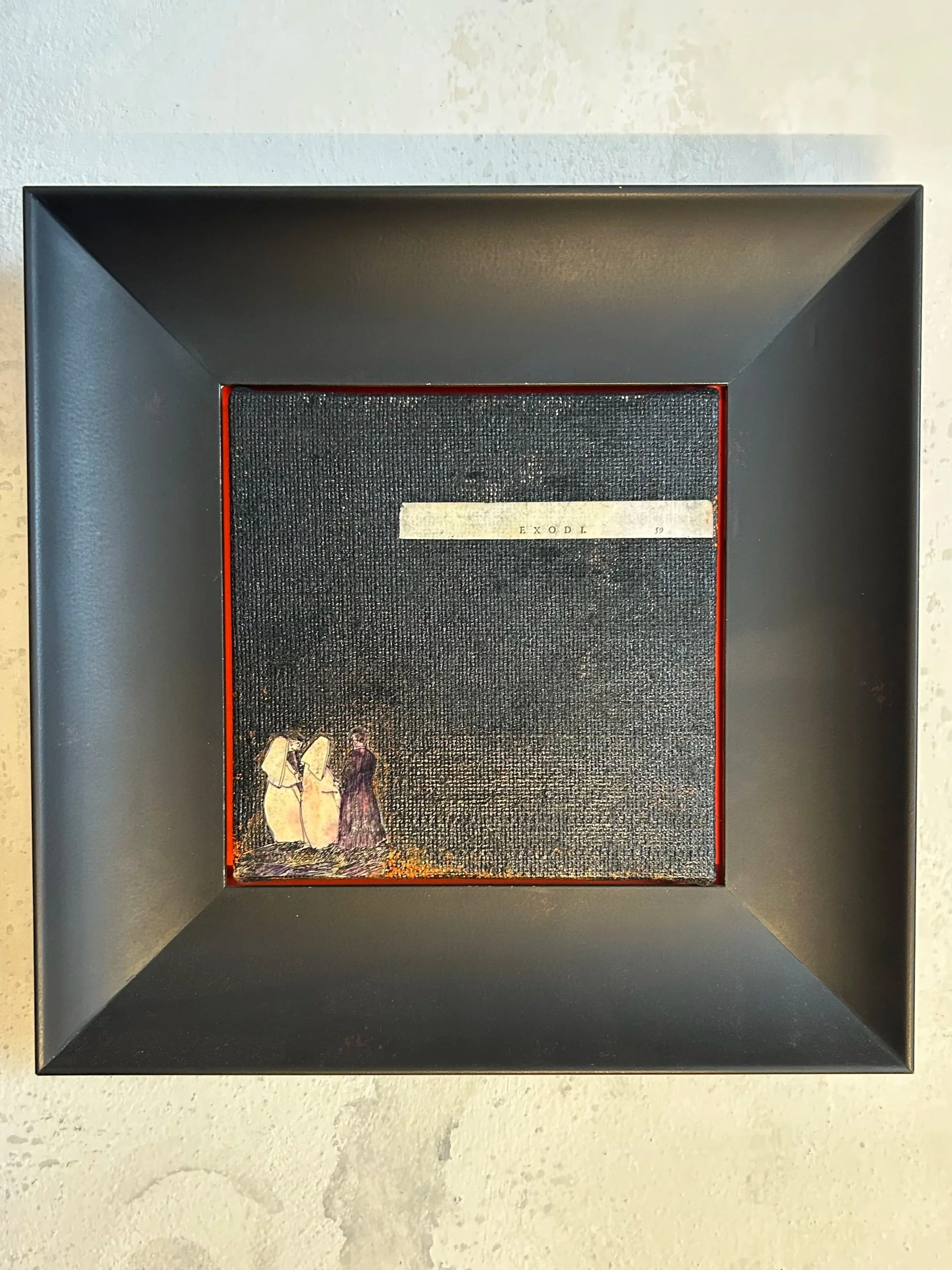 exodi | frammento di una bibbia del '700, china, smalto, su carta, su tela | 40 x 40 | 2025 