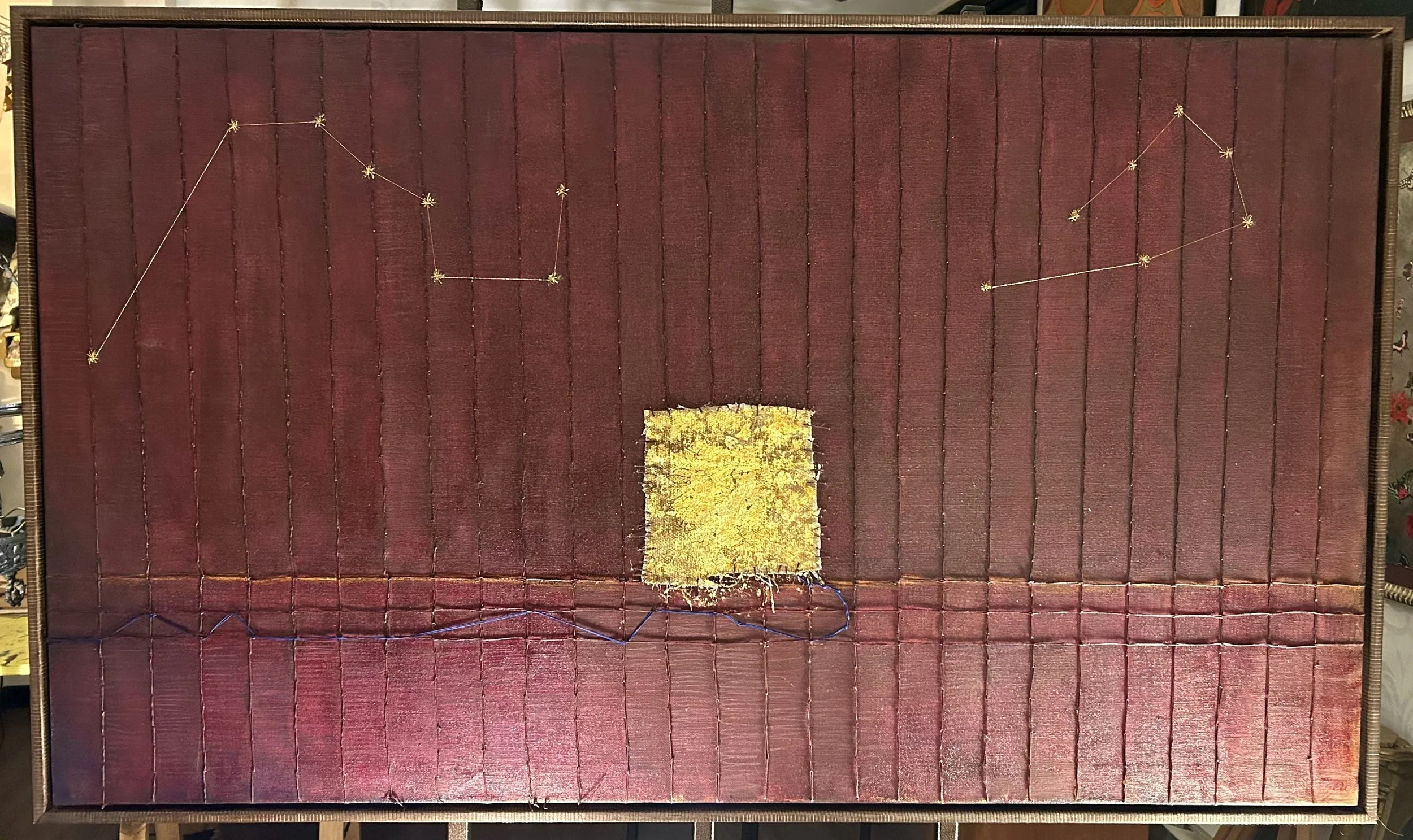 la tela di penelope | tela ricamata con filo di seta, filo metallico, lino tessuto a mano, olio matita, foglia d'oro | 120x70 | 2026