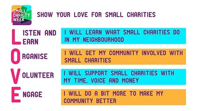 Hooray for the small charities that together make a big difference in our communities! This week is Small Charity Week, so take a moment to make the pledge above, and share your love of a local charity or two or three or more... #LoveYourSmallCharity