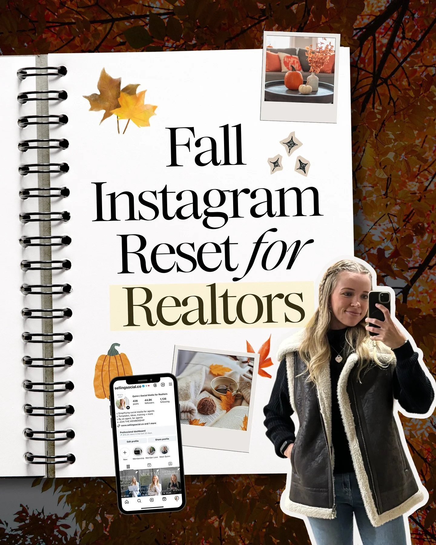 Your real estate IG lookin a little... blah? 😴

No better time than fall 🍂 (aka cozy sweaters + pumpkin spice season 🎃☕) to hit reset on your real estate profile.

This 6-step fall IG reset will help you:
✨ Declutter + organize your content
✨ Crea
