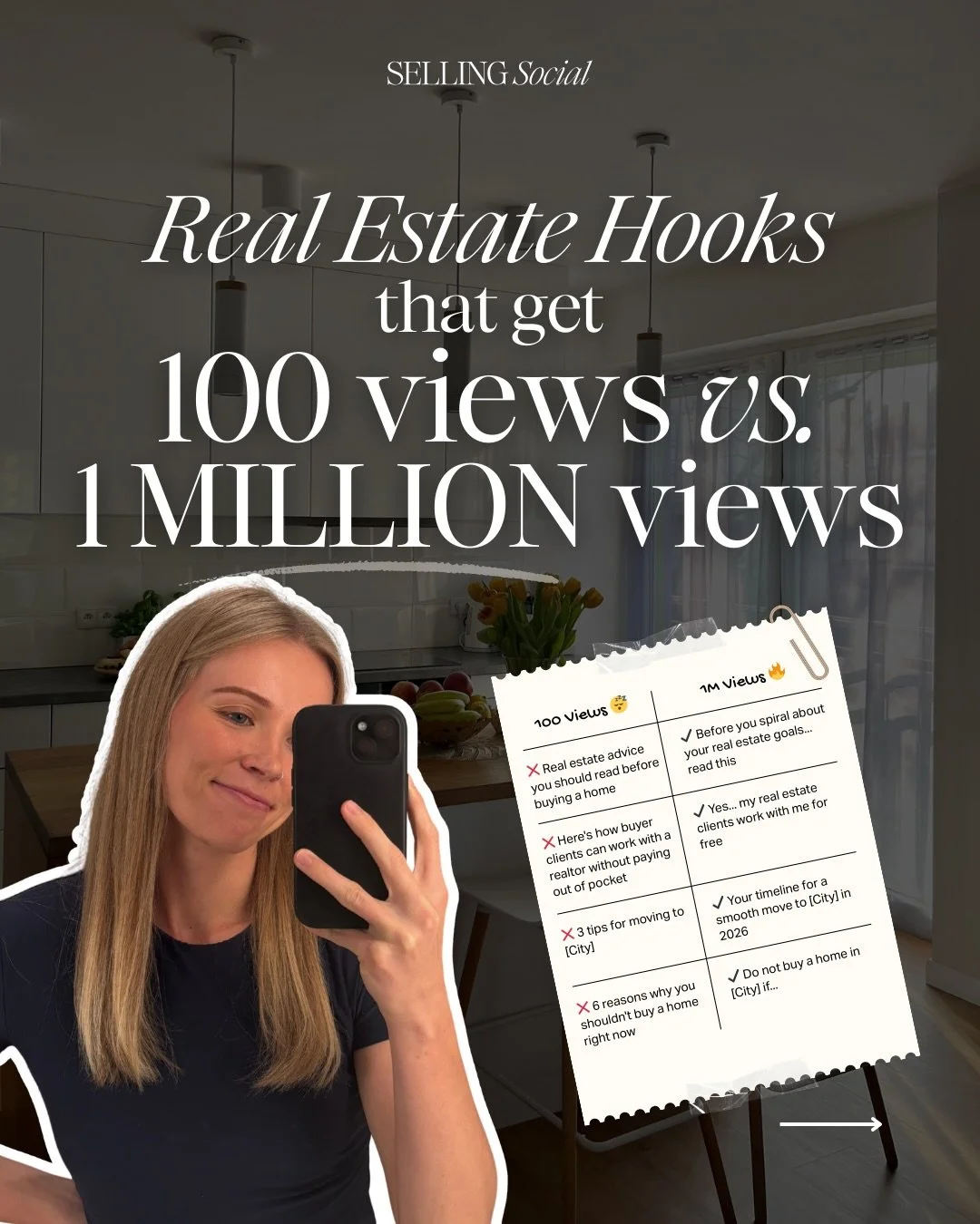 Real estate hooks that get 100 views vs. 1 million views 👀

If your posts are getting stuck in 100-view jail, it&rsquo;s probably your hooks 🪝

A strong hook is the difference between someone scrolling past your post&hellip; and actually stopping t