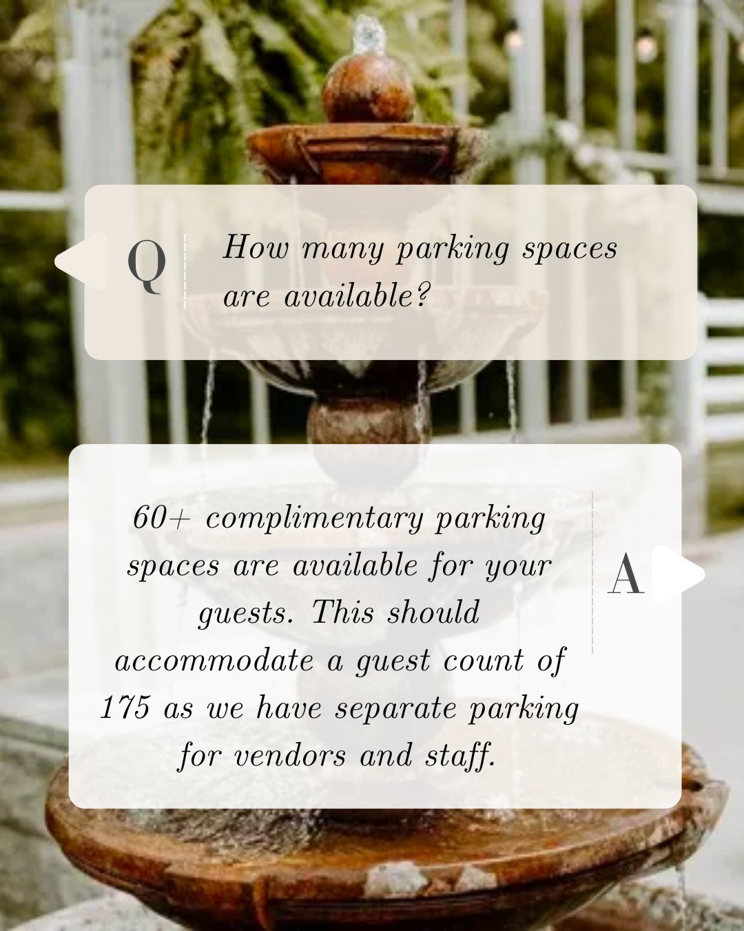 Parking details are always important for big events. We have 60+ complimentary parking spots for your guests. We do suggest mentioning that parking is limited and carpooling is recommended! Uber + Lyft are always a great option as well...especially a