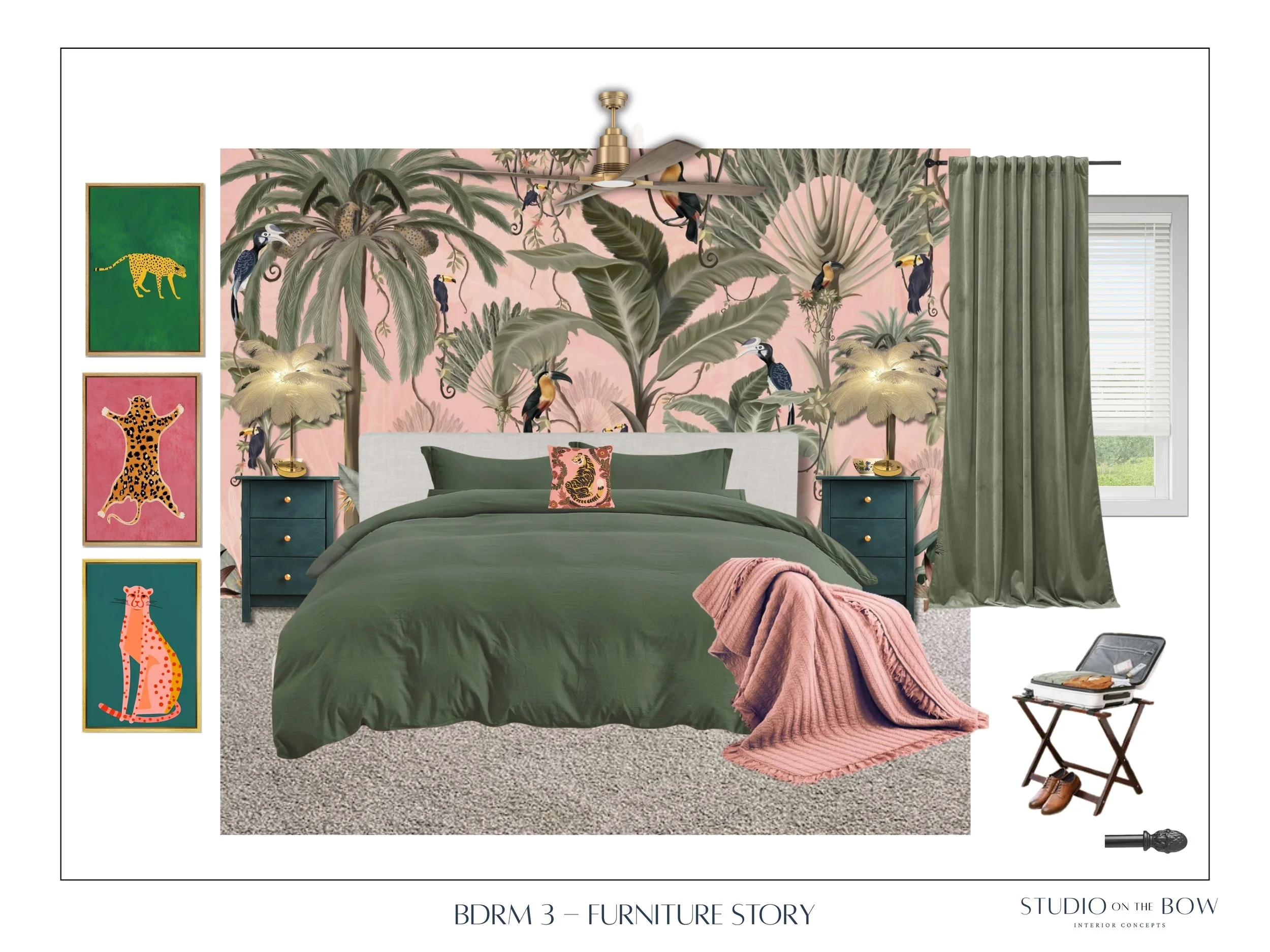 Bedroom with jungle-themed wallpaper depicting tropical plants and parrots, green bedding, pink throw blanket, animal art prints on the wall, green curtains, and a window, with nightstands, lamps, a record player, and a decorative pillow with a tiger