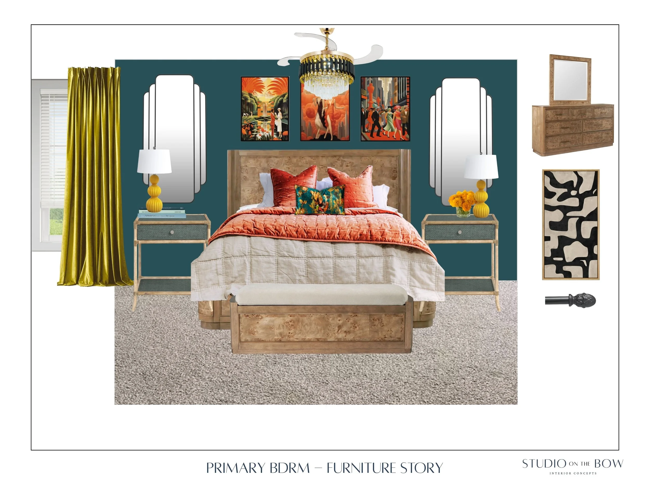 A bedroom with a teal accent wall, a wooden bed with colorful pillows and bedspread, white upholstered bench at foot of bed, two nightstands with lamps and flowers, framed artwork above the bed, yellow curtains on window, ceiling fan and chandelier