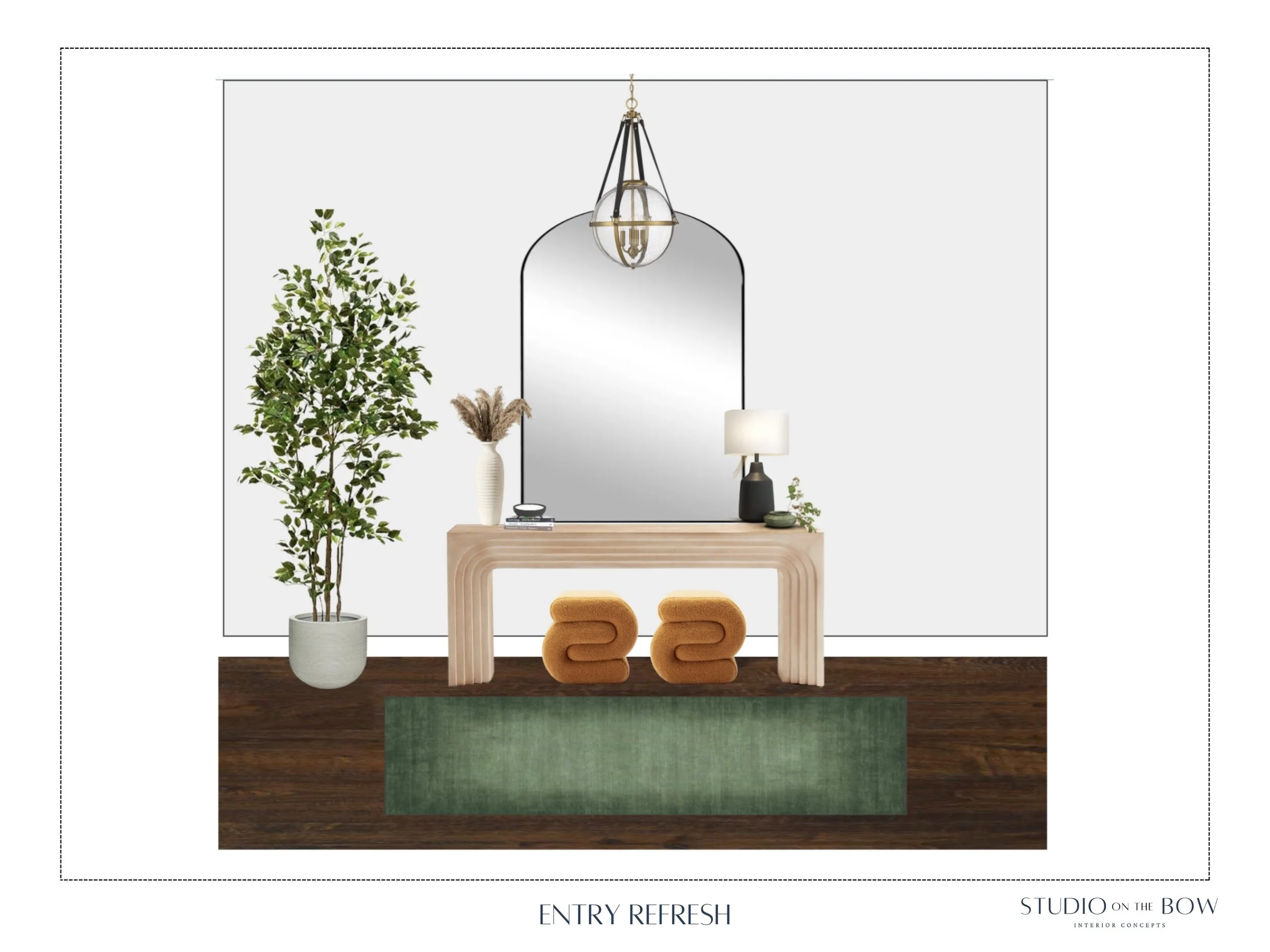 A modern entryway with a large potted plant, a wooden console table, a mirror, a table lamp, decorative objects, two yellow upholstered stools, and a green rug, with ceiling lighting and a white wall background.