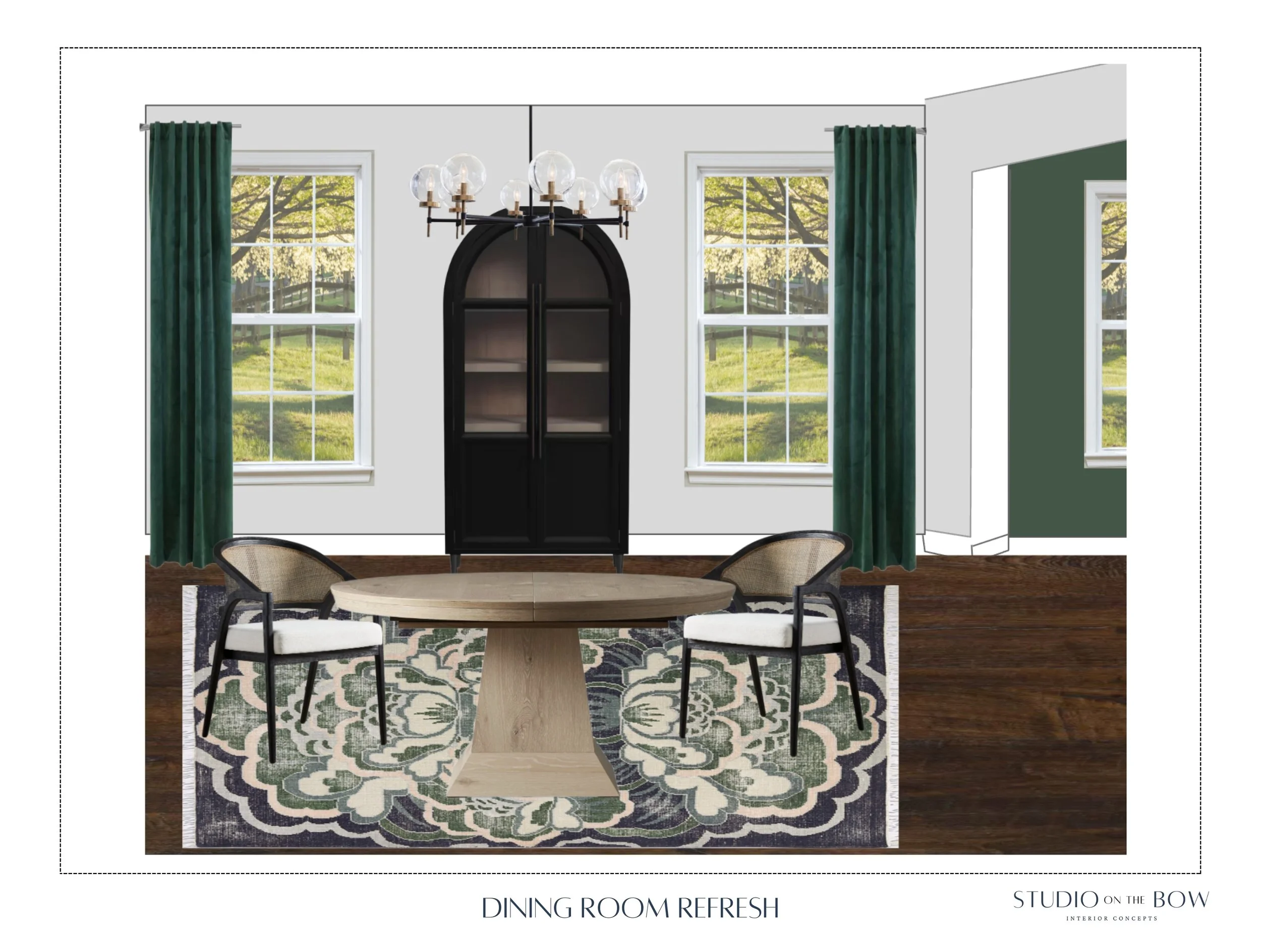 A dining room with two windows with green curtains, a black arched cabinet, a chandelier with multiple bulbs, a round wooden table, two chairs with beige cushions, and an area rug with a floral design.