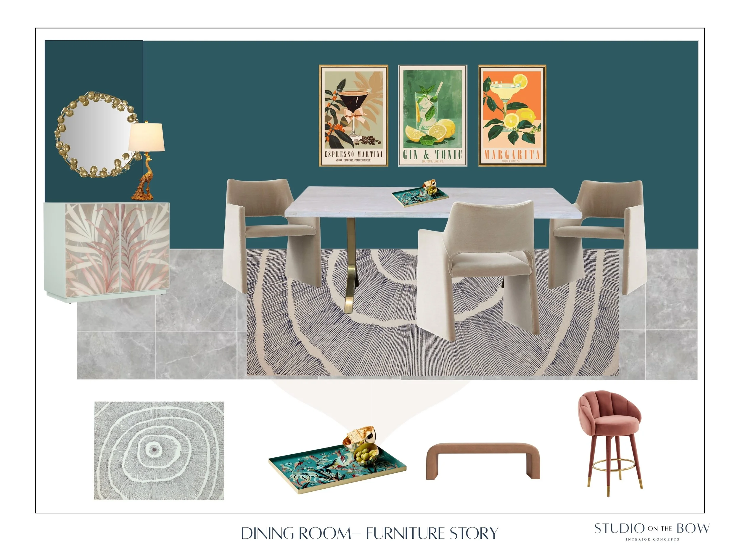 A modern dining room with a rectangular white table, surrounded by five beige upholstered chairs. The dark teal accent wall features three colorful posters of cocktails labeled Espresso Martini, Gin & Tonic, and Margarita. To the left, a white sidebo