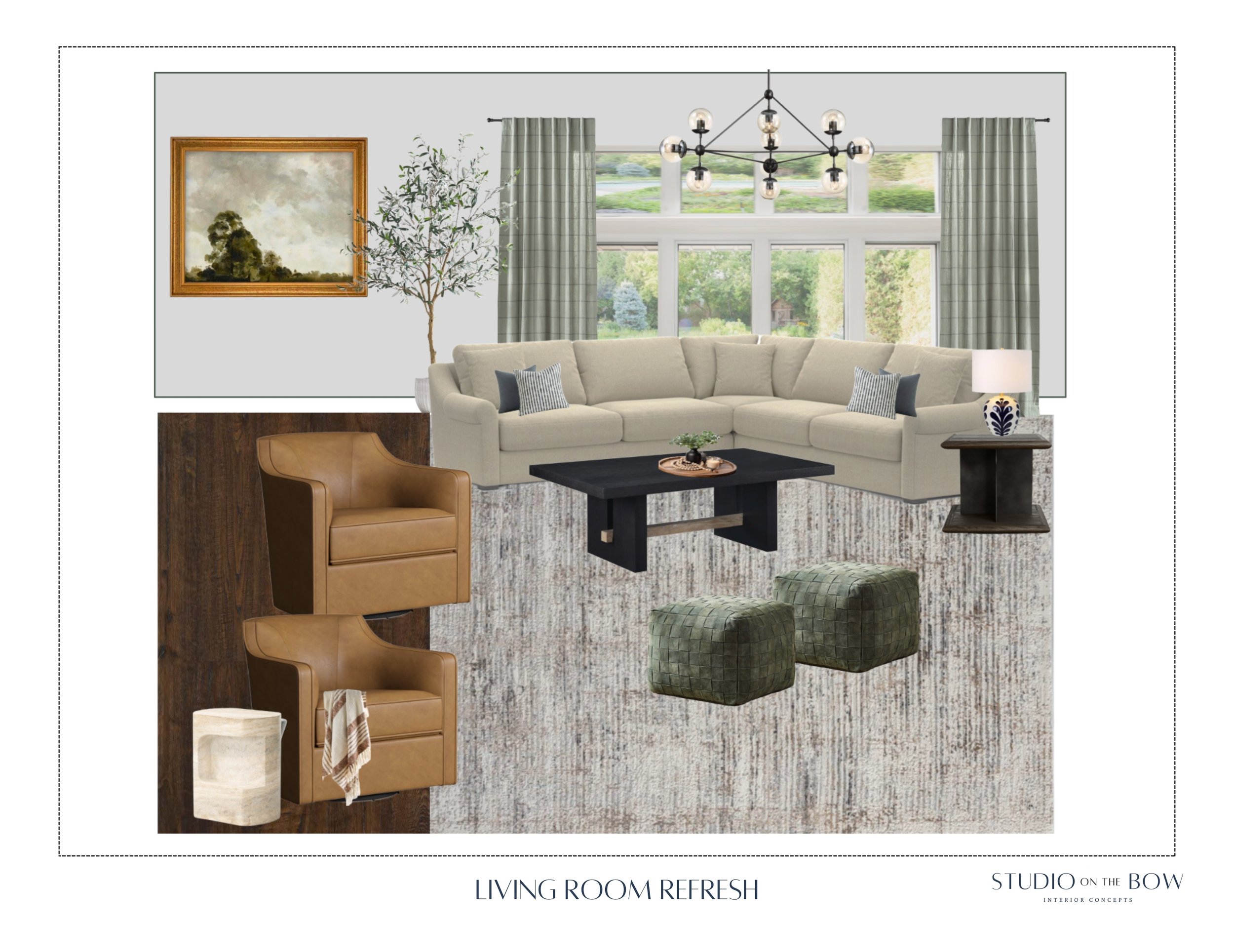 Living room with beige sectional sofa, brown armchairs, a black coffee table, green ottomans, framed artwork, a potted plant, and a large window with curtains.