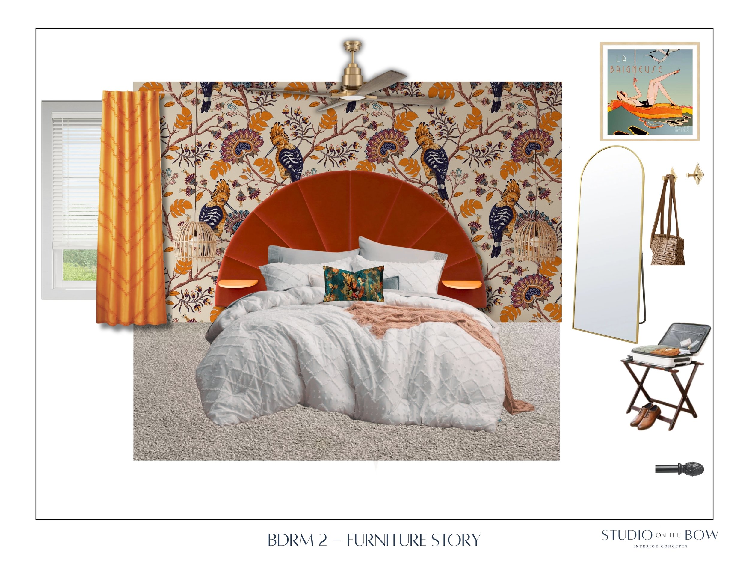 A bedroom with a large orange semi-circular headboard, floral wallpaper with peacocks, a white bed with blue and orange pillows, and orange curtains. There is a window, a ceiling fan, a mirror, a wall art, and a small table with shoes and a suitcase.