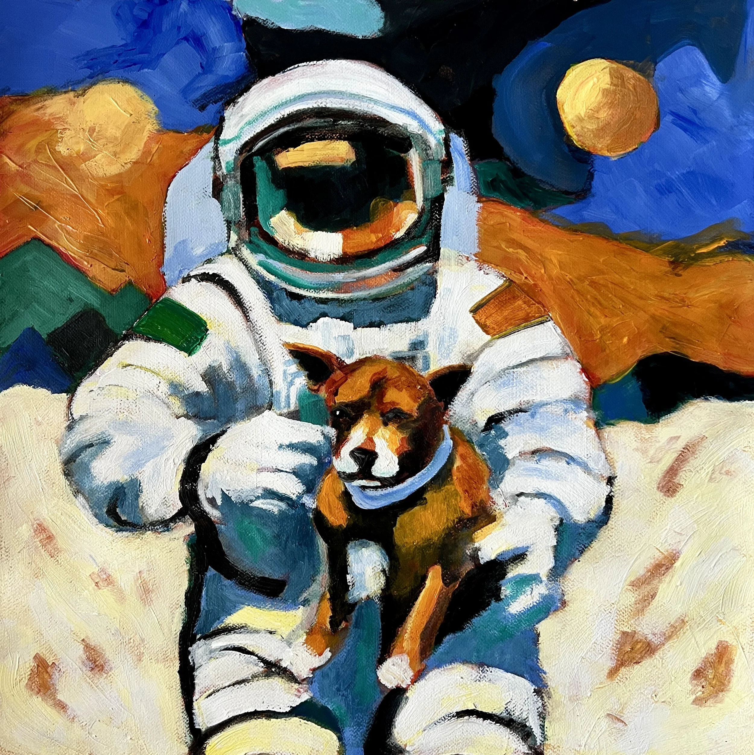 Title: Take Your Dog To Work Day / 
Medium: Acrylic on Paper /	
Size: 24x24 inches / 	
Price: Rs. 34,500 unframed /
AVAILABLE