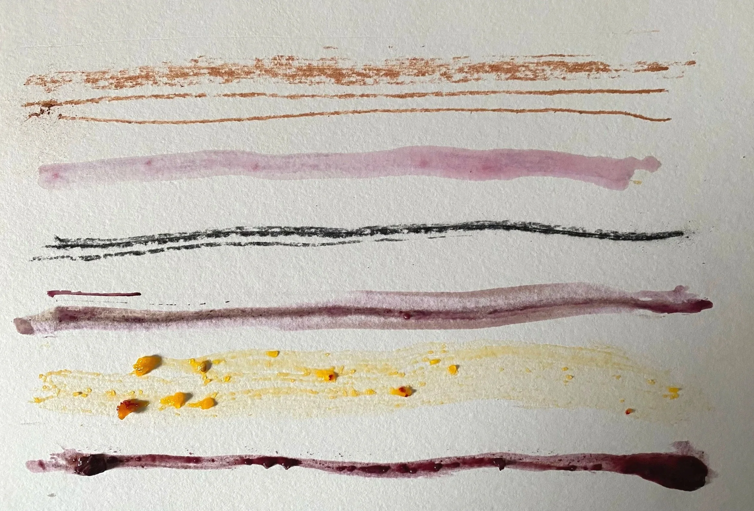Lines made from red ochre, pomegranate, charcoal, olive, Spanish strawberry and cherry