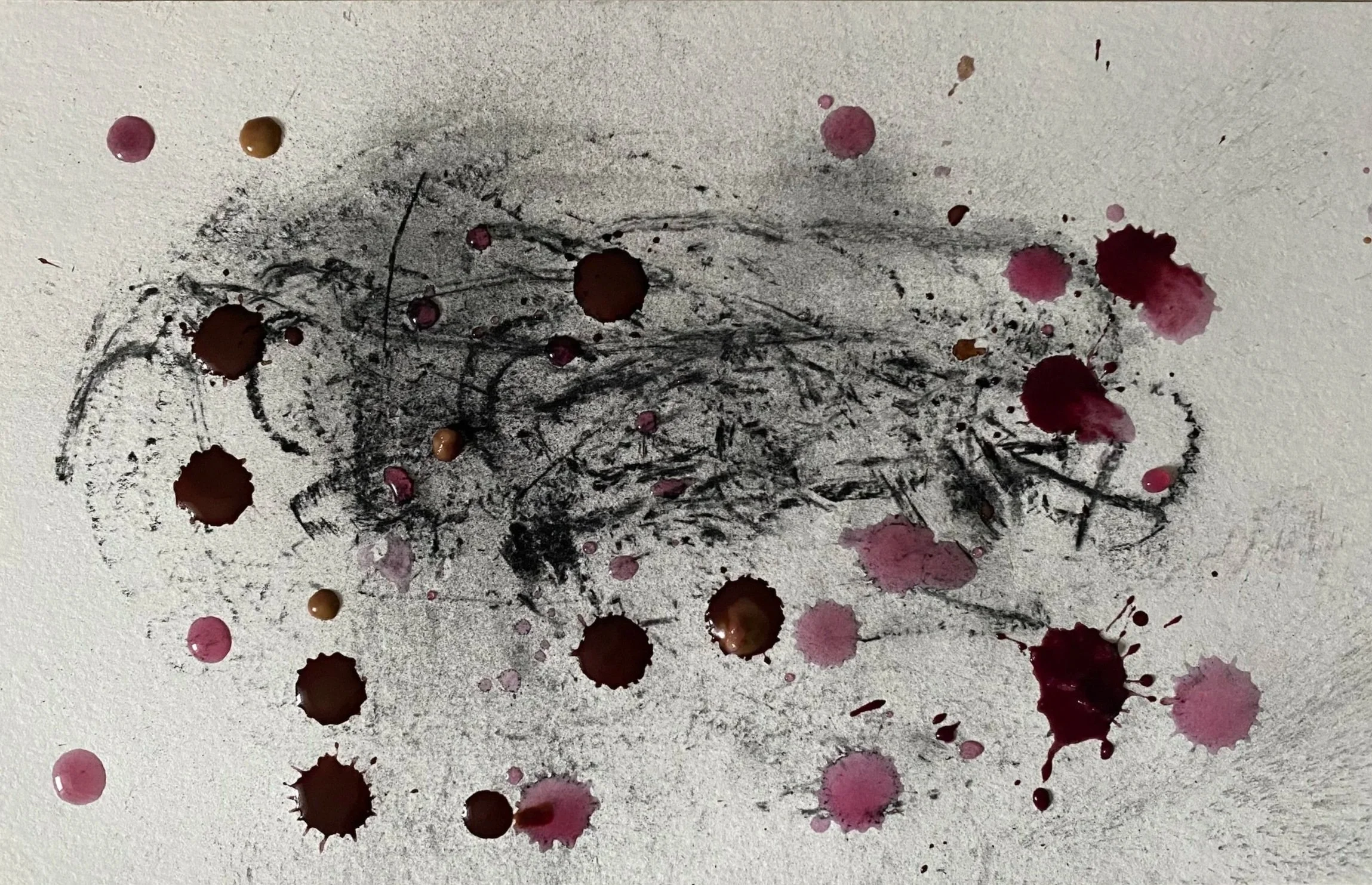 Splatter art created with charcoal and juices from pomegranate, Spanish strawberry, ollive and cherry