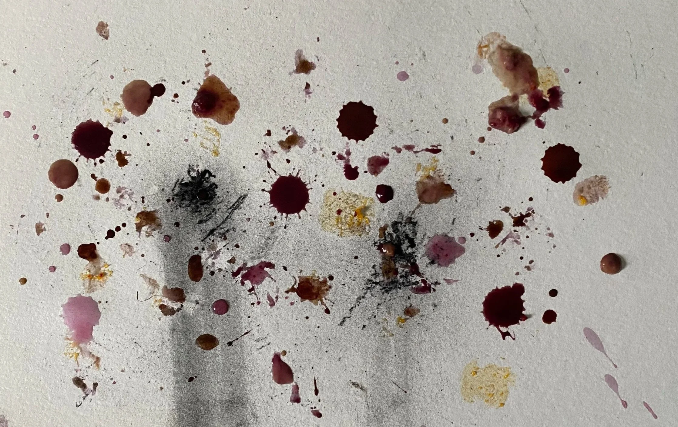 Splatter art created with charcoal and juices from pomegranate, Spanish strawberry, ollive and cherry
