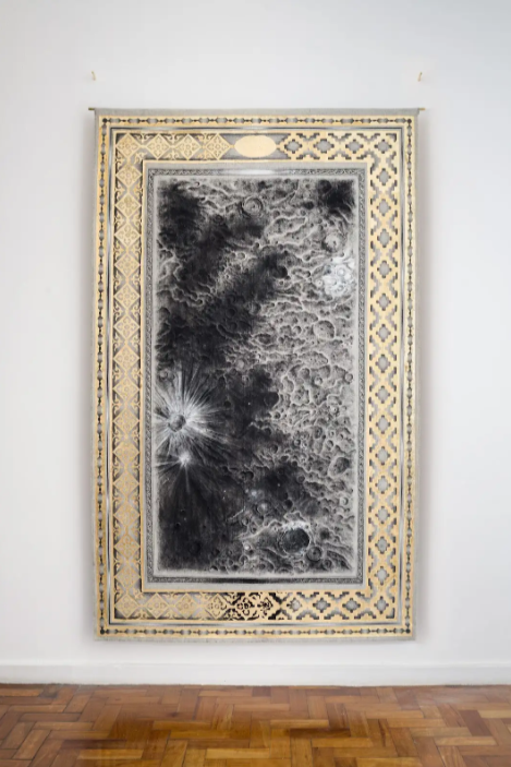 Péndulo I, from the Andalucía series (2026) // Charcoal and gold leaf on linen and brass // 215 x 128 cm