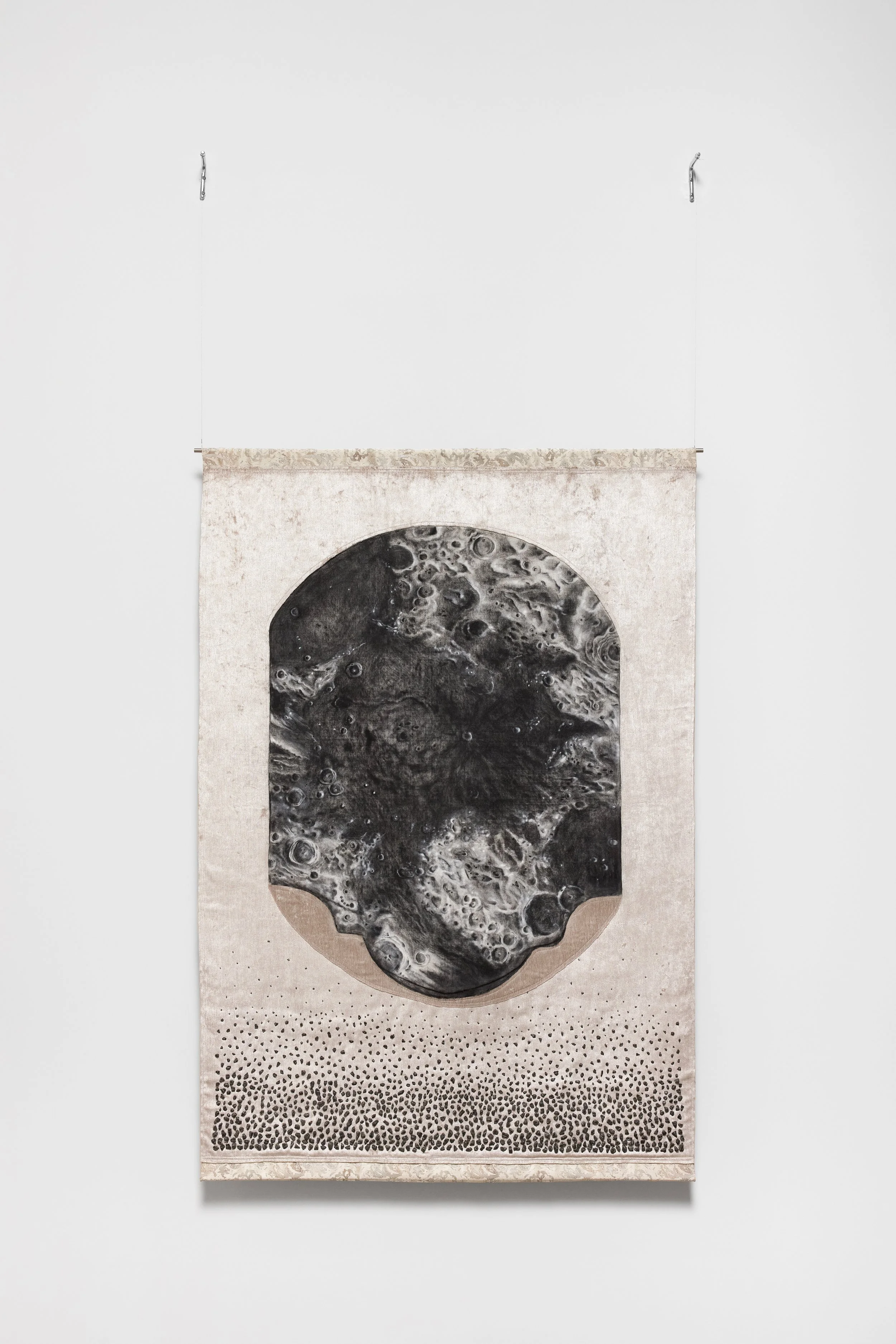 Mar da Tranquilidade (2025) // Charcoal on linen, velvet, basalt and brass // 150 x 104 cm