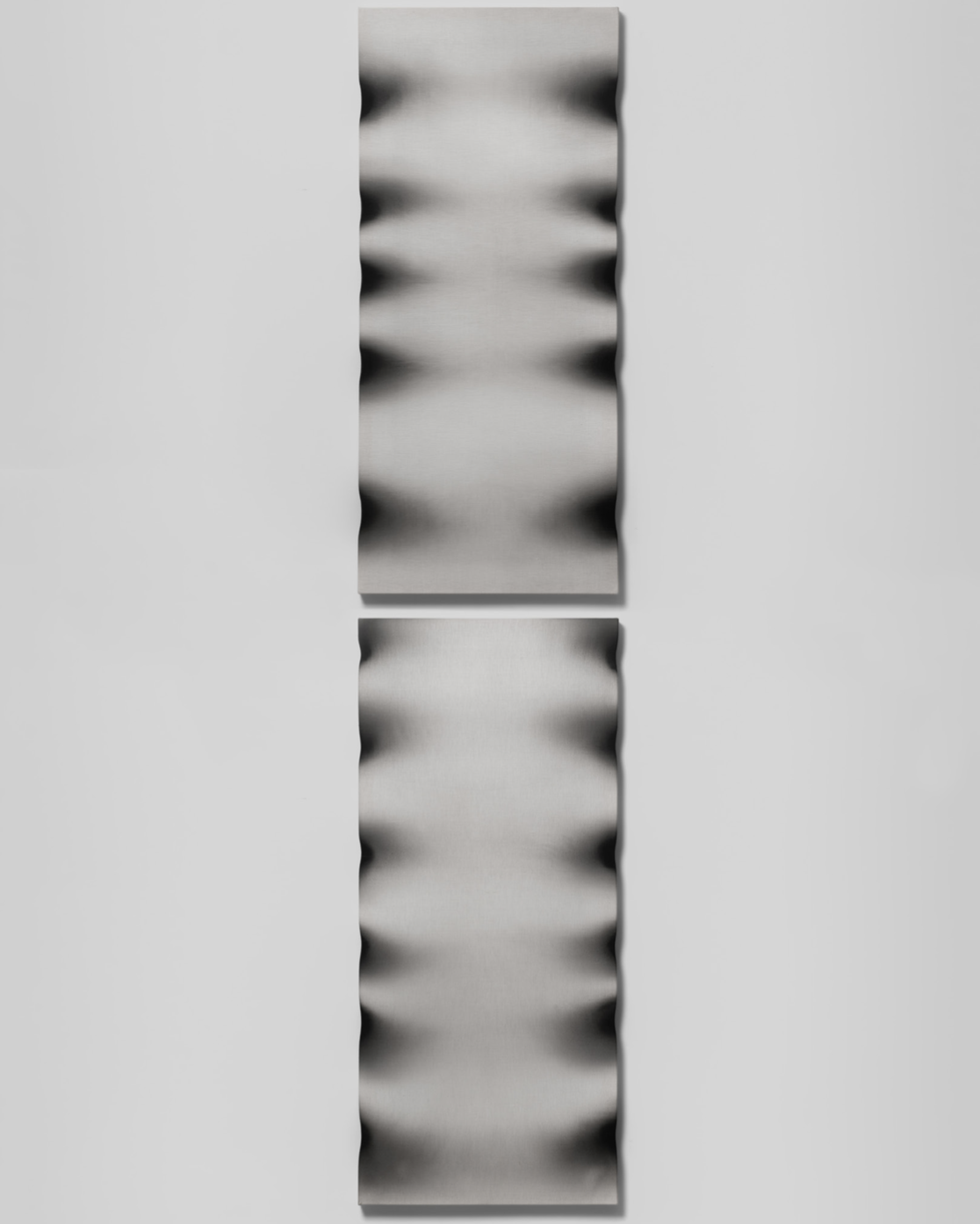 D/2.4.l.g, 2026//1.20 x 50 cm // linen, ink, transparent paste, carved aluminum stretcher 