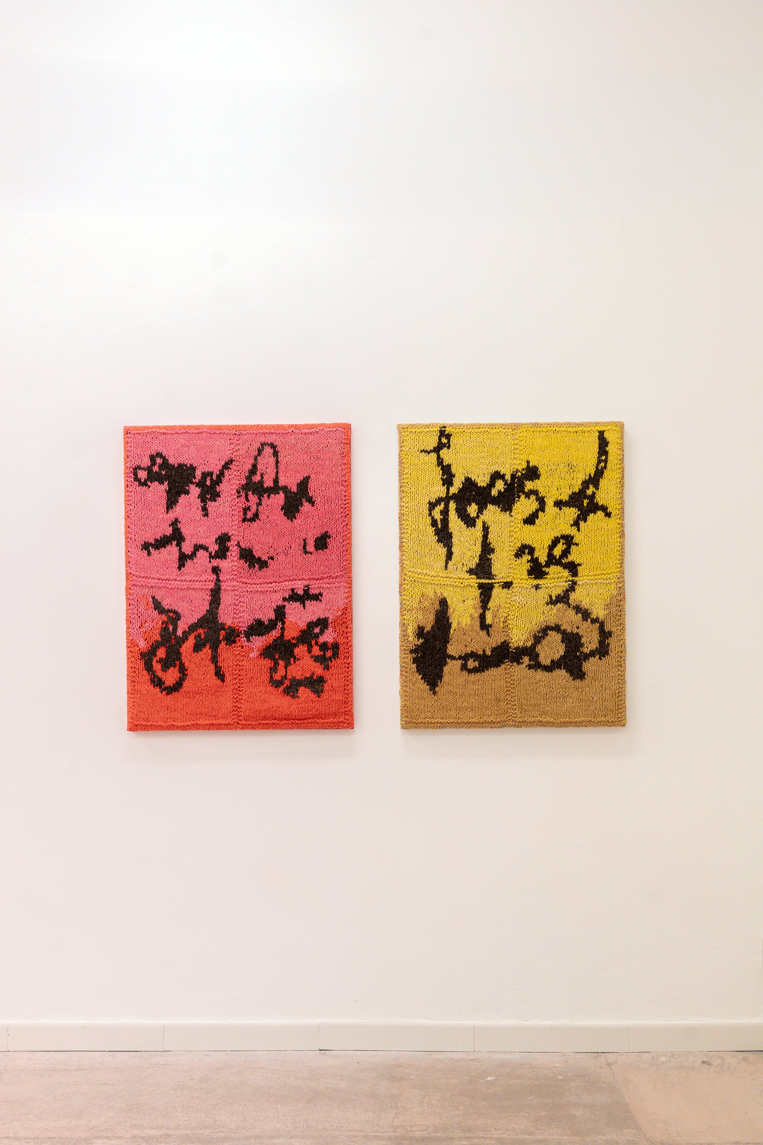 Nota ocre and Nota roja, 2026 // Wool, fabric and wooden stretchener (Knitting and crochet)  // 88 x 65 x 4 cm each