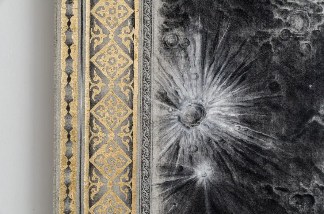 Péndulo I, from the Andalucía series (2026) // Charcoal and gold leaf on linen and brass // 215 x 128 cm (detail)