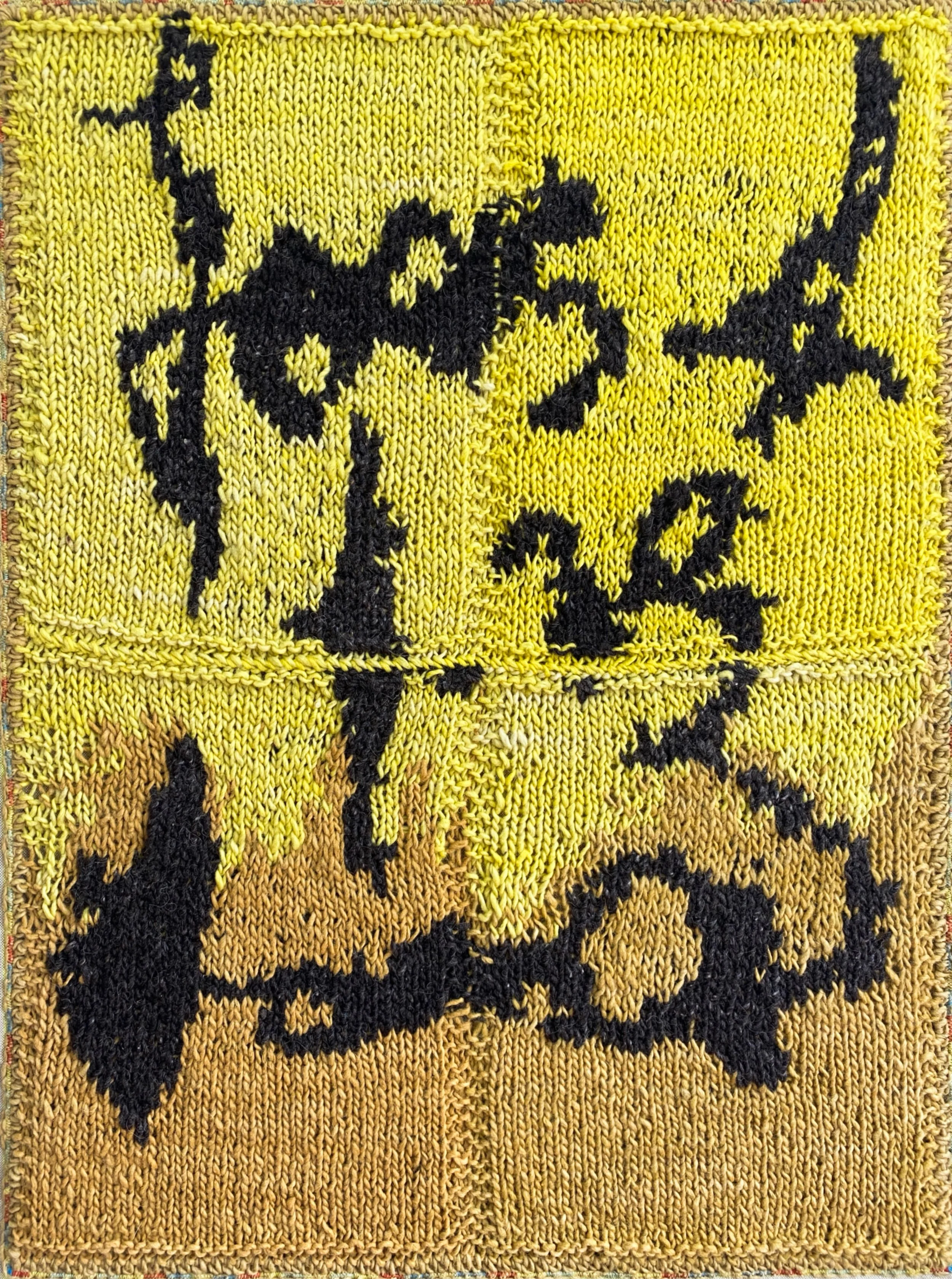 Nota ocre, 2026 // Wool, fabric and wooden frame (Knitting and crochet) // 88 x 65 x 4 cm