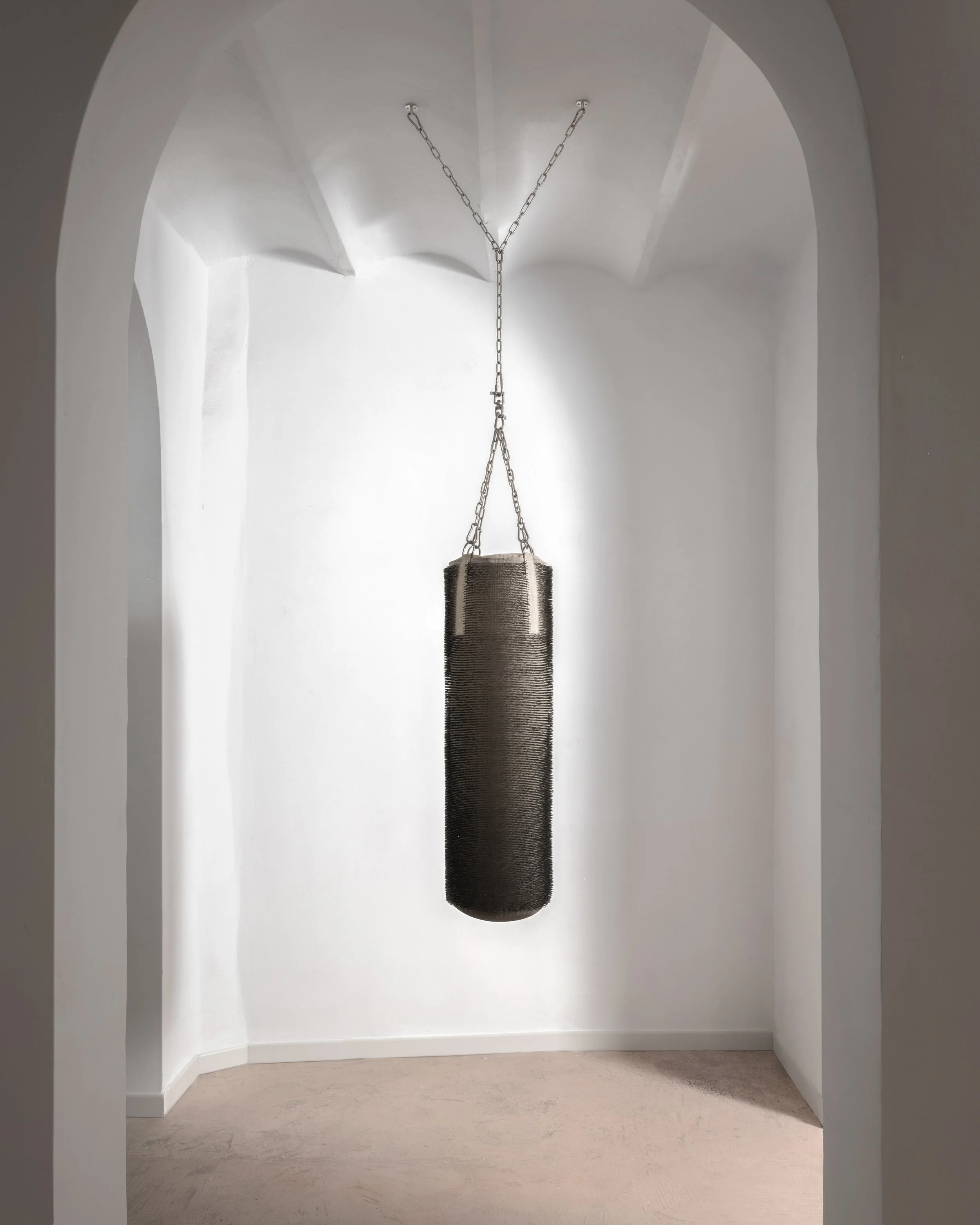 Nikolay Morgunov  //  42.k/n/st , 2024 // Cotton, nails, charcoal, ink, stainless steel // 104x30 cm