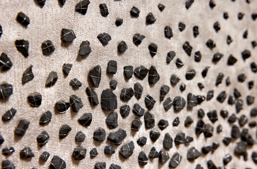 Mar da Tranquilidade (2025) // Charcoal on linen, velvet, basalt and brass // 150 x 104 cm (detail)