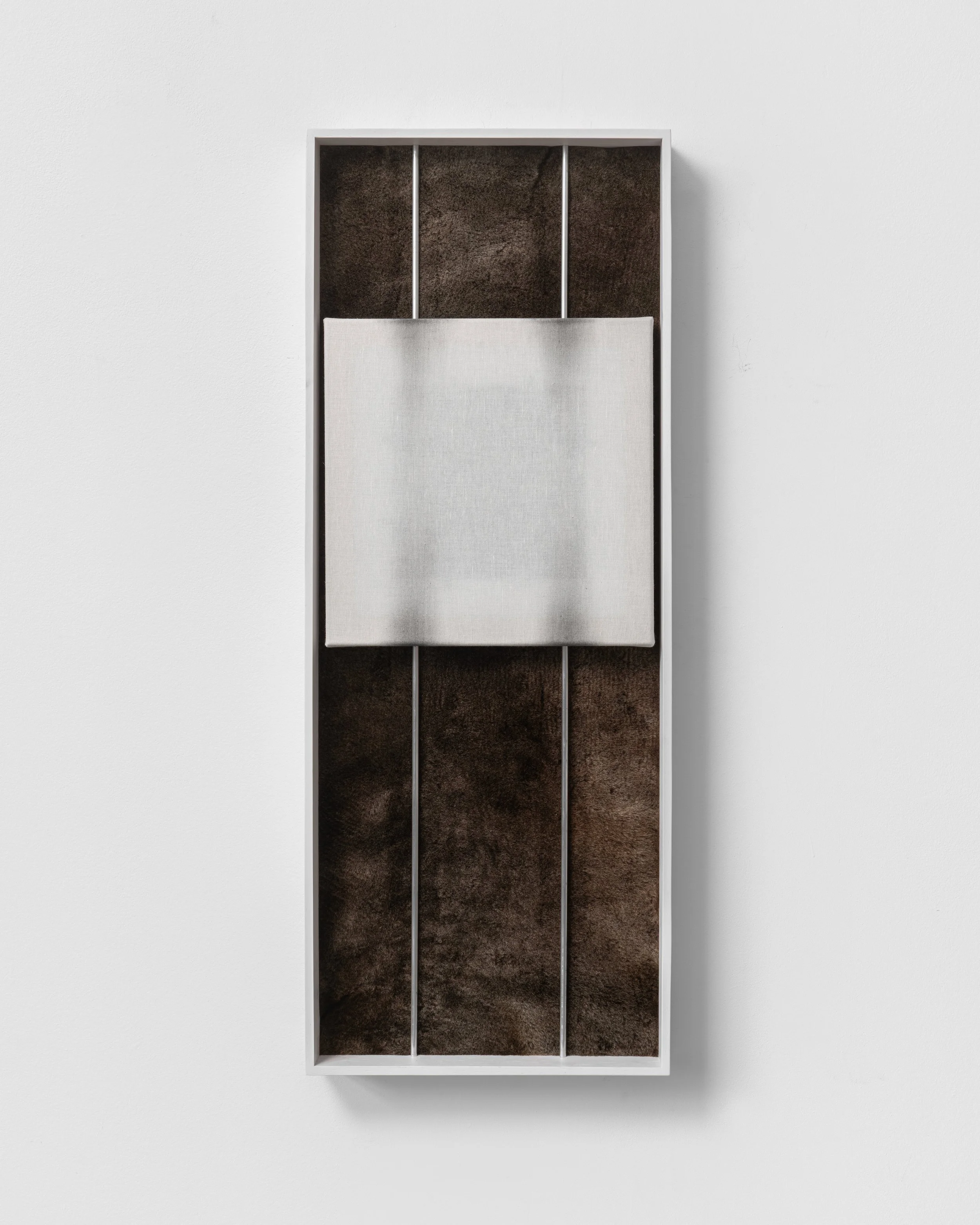 Nikolay Morgunov  // 2/s.2:hk.1 , 2026 // Linen, charcoal, handcrafted frame, aluminum, sheepskin, mixed media // 33x87x5 cm