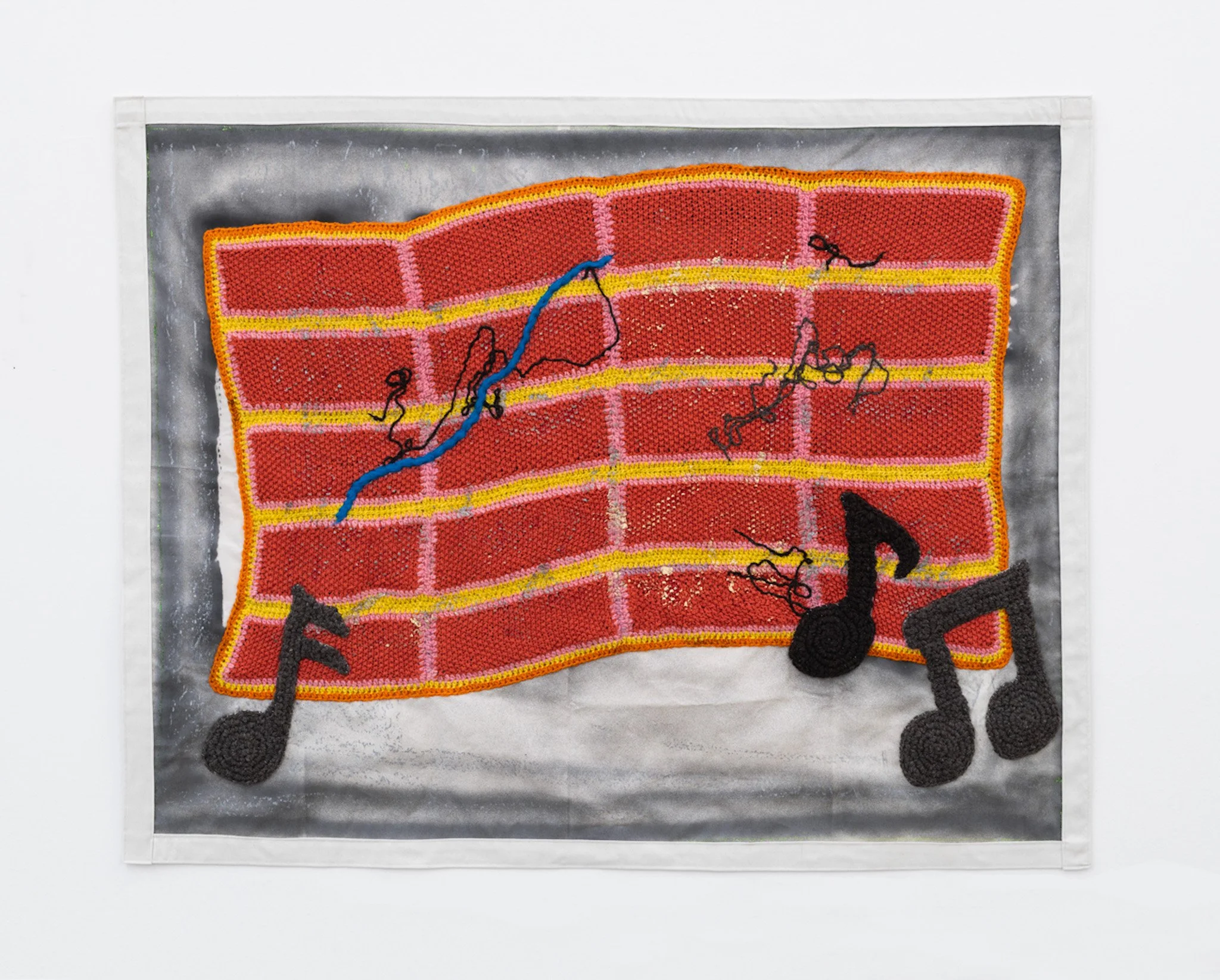 Pared, 2024 // Cotton yarn, felt, wool, fabric, and spray paint. (Knitting and crochet) // 118 x 174 x 3 cm