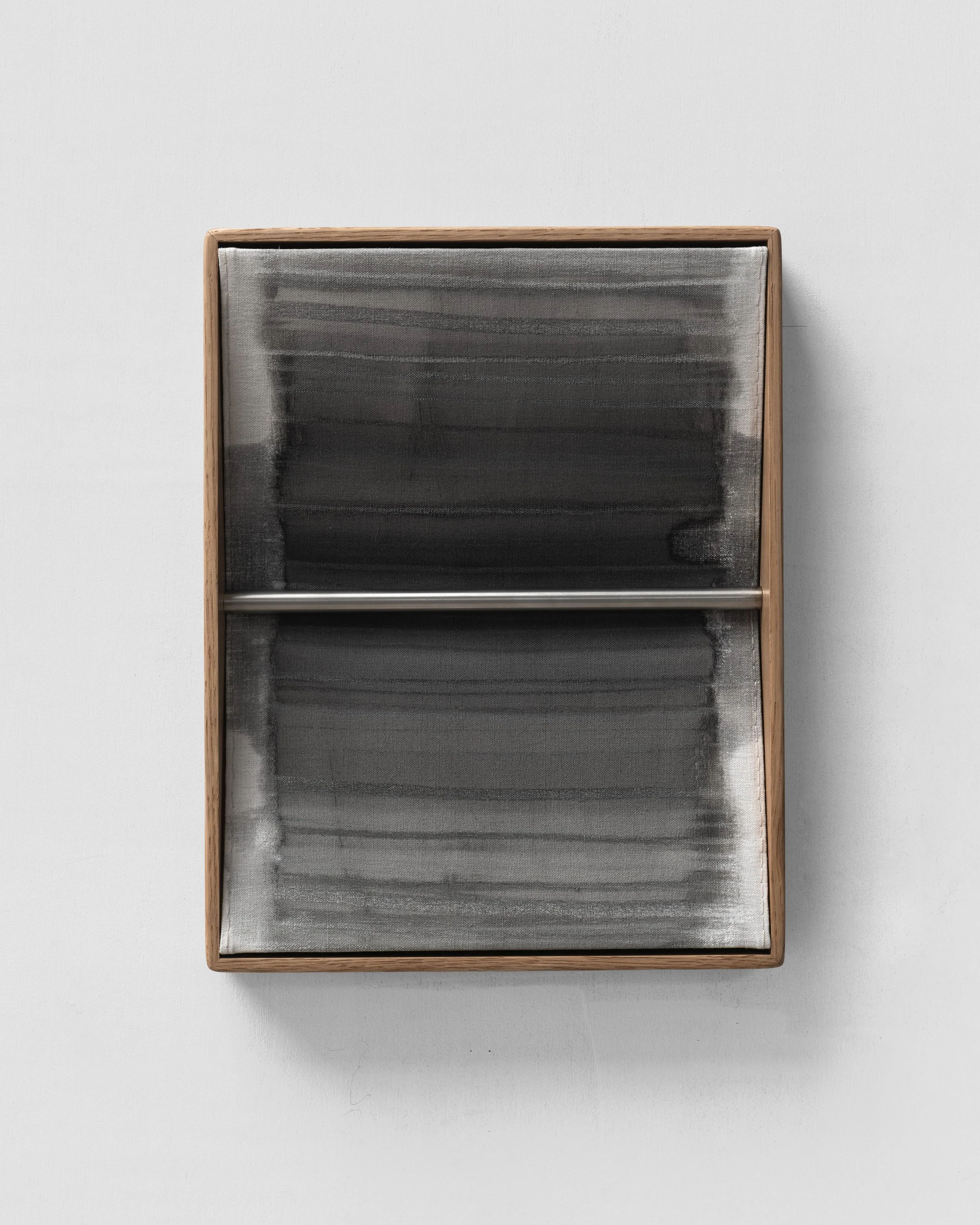 Nikolay Morgunov  // t.0/78.r, 2025 // Linen, ink, charcoal, stainless steel, handcrafted oak frame, mixed media // 43x 33 cm