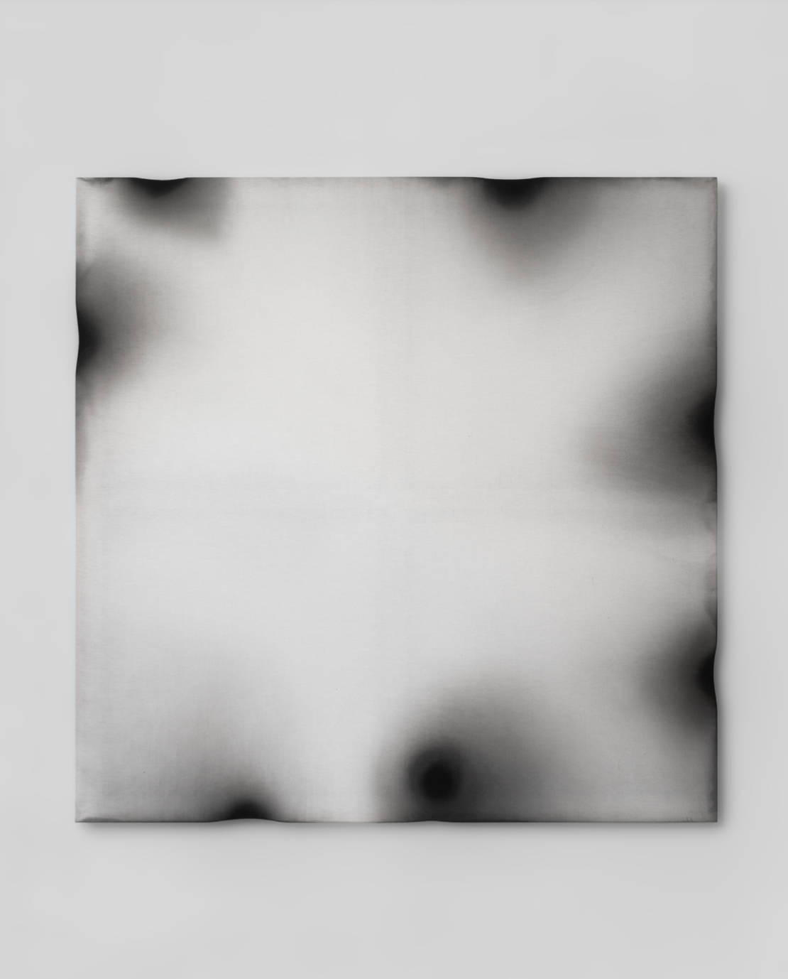 D/5.f7.l , 2026// 150x150 cm// linen, ink, transparent paste, carved aluminum stretcher// 
