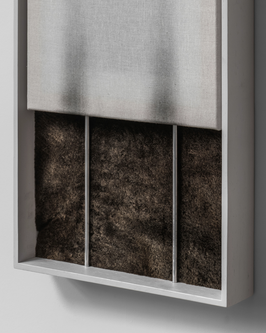 2/s.2:hk.1, 2026// 33,5 x 87 // linen, charcoal, handcrafted, frame, aluminum, sheepskin, mixed media