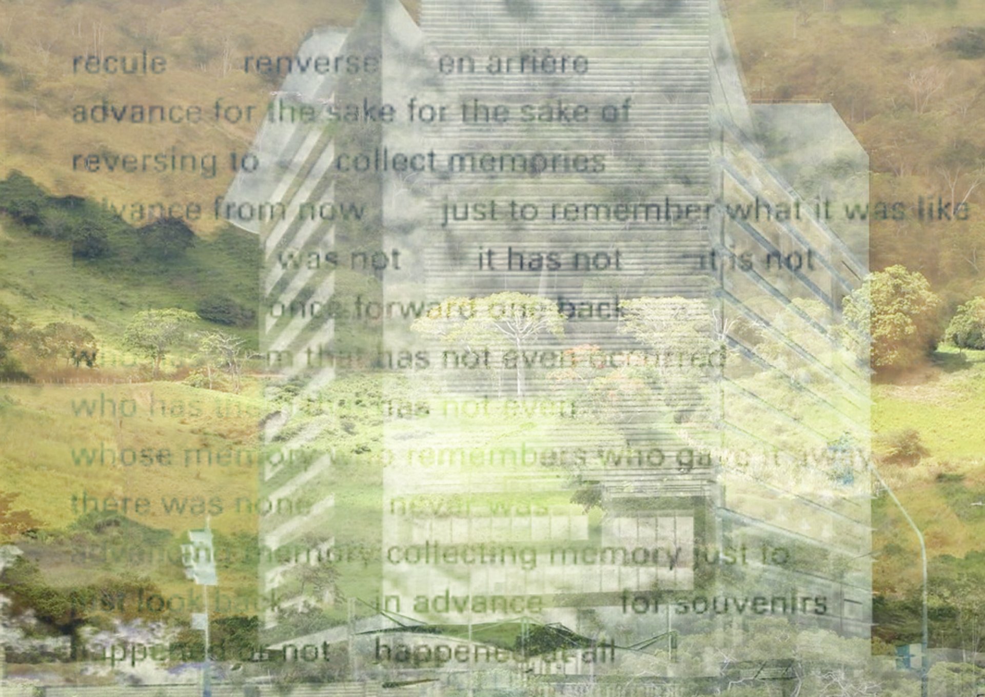 recule renverse (La Tumba), 2024  // Digital collage, inkjet printed on paper  // 29 × 21 cm    // from the "Dictée/Exilée" series of six digital collages.