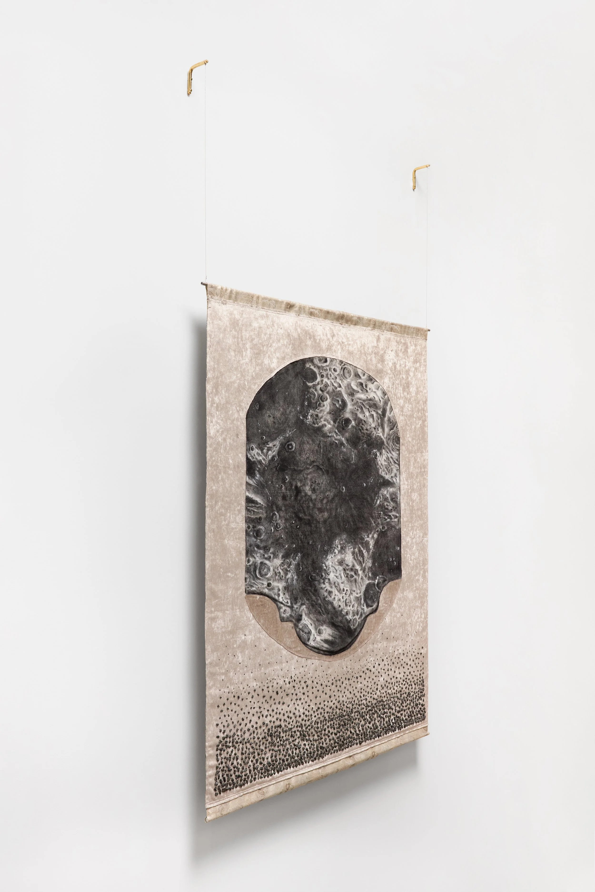 Mar da Tranquilidade (2025) // Charcoal on linen, velvet, basalt and brass // 150 x 104 cm