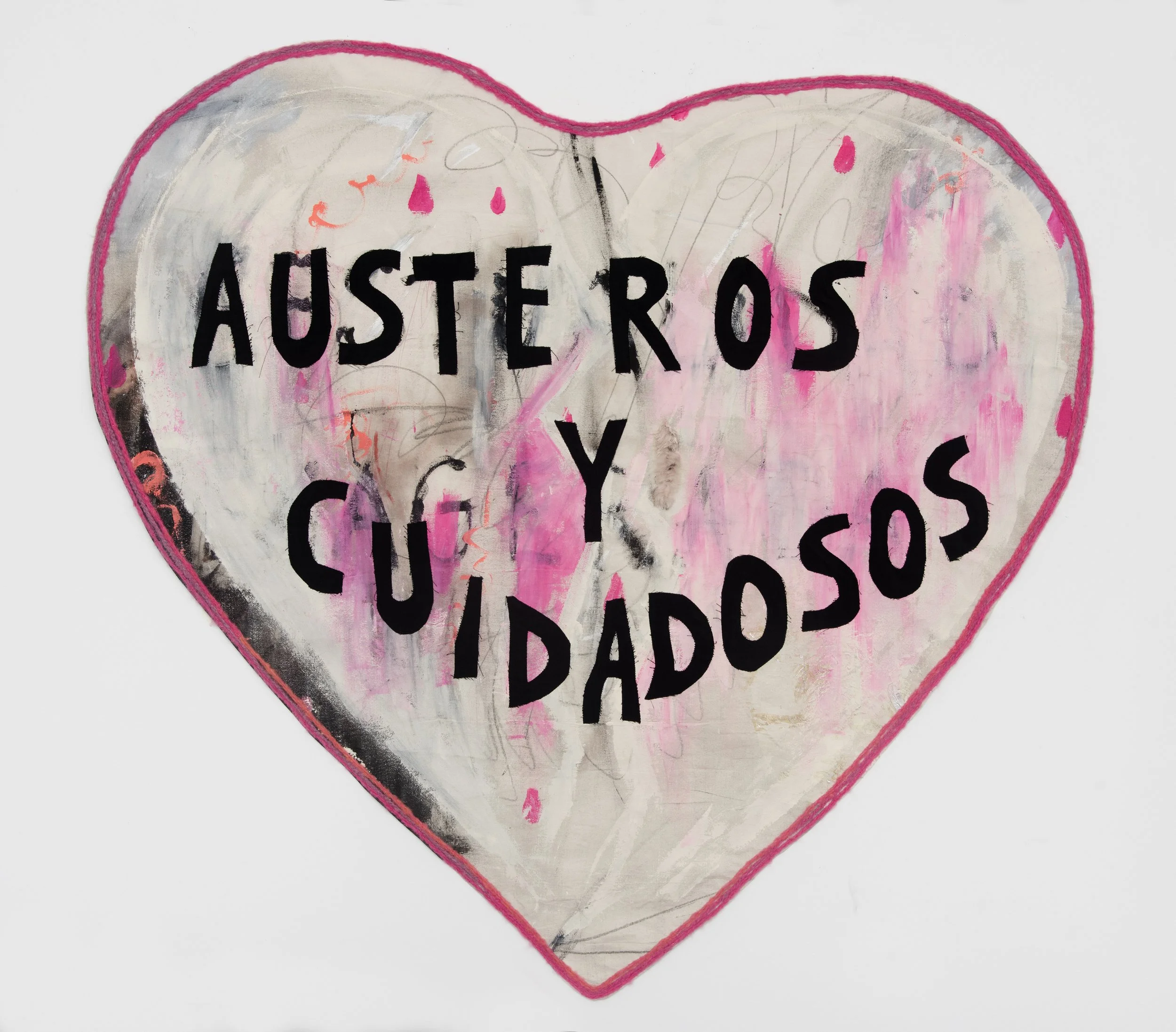  Austeros y cuidadosos, 2018 // Acrylic, pencil, fabric, thread, wool // 147 x 140 cm.