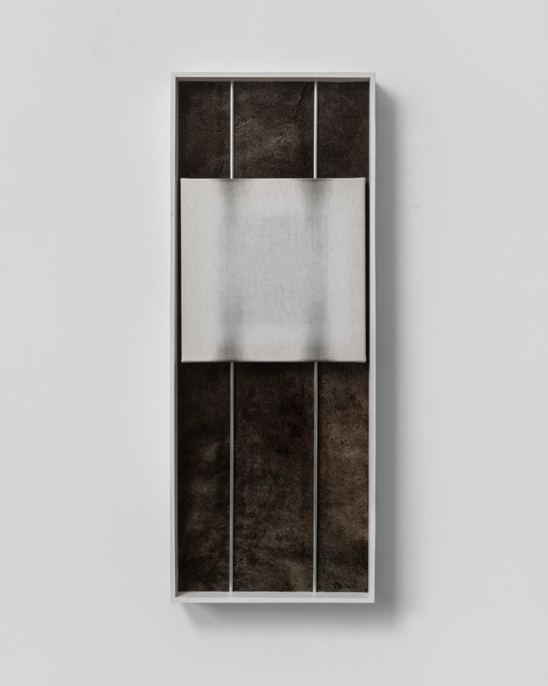 2/s.2:hk.1, 2026// 33,5 x 87 // linen, charcoal, handcrafted, frame, aluminum, sheepskin, mixed media