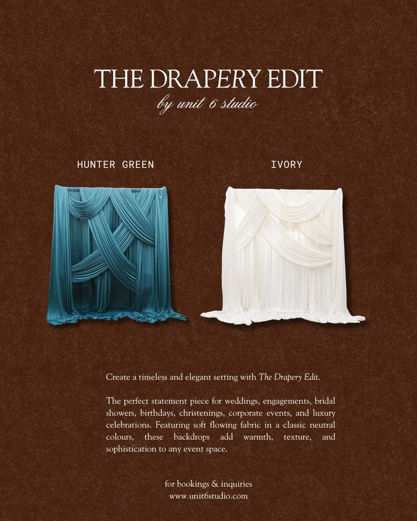 THE DRAPERY EDIT ✨

The perfect statement piece for weddings, engagements, bridal showers, birthdays, christenings, corporate events, and luxury celebrations. Featuring soft flowing fabric in a classic neutral colours, these backdrops add warmth, tex