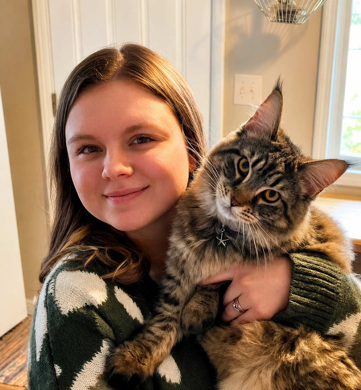 A young woman with long brown hair holding a large fluffy tabby cat with yellow eyes indoors near a window and a light switch.