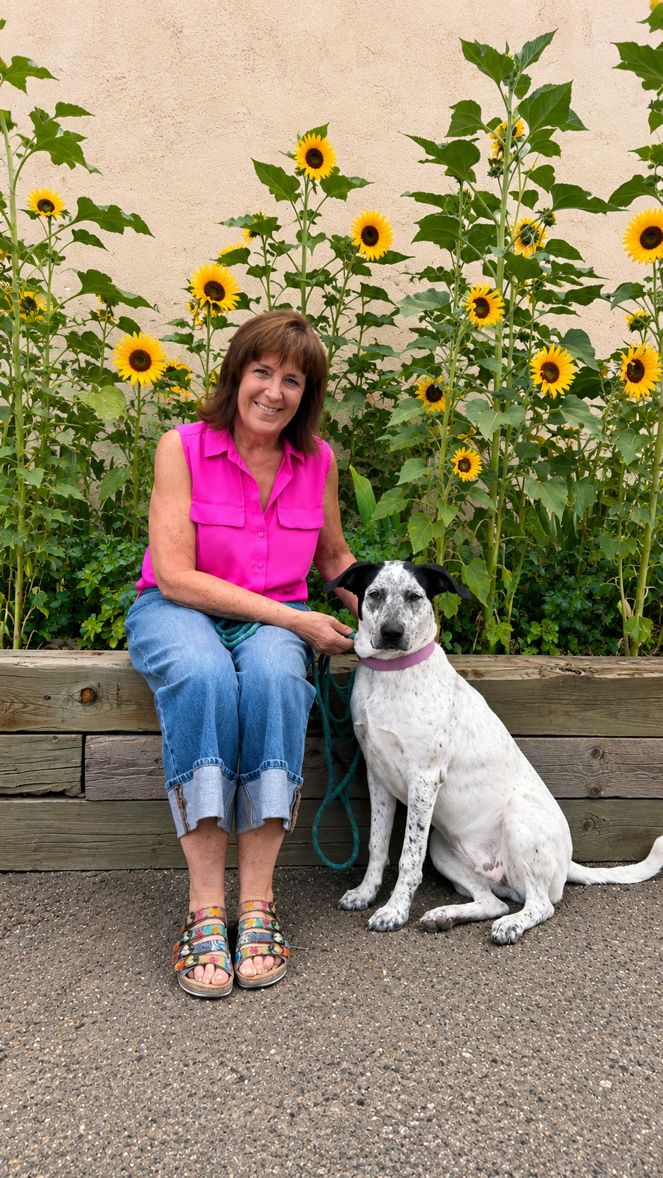 A woman with brown hair in a pink sleeveless top and blue jeans sitting on a wooden bench with a spotted dog wearing a purple collar, in front of a garden of tall sunflowers.