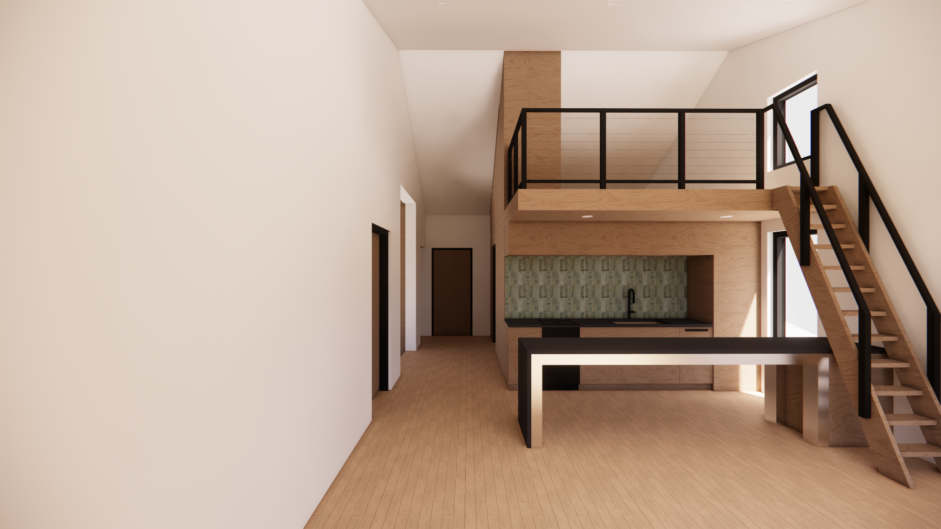 Interior view of a modern, minimalist two-story home with a wooden staircase and an open upper loft area. The space features light-colored wooden floors, white walls, and large windows allowing natural light.