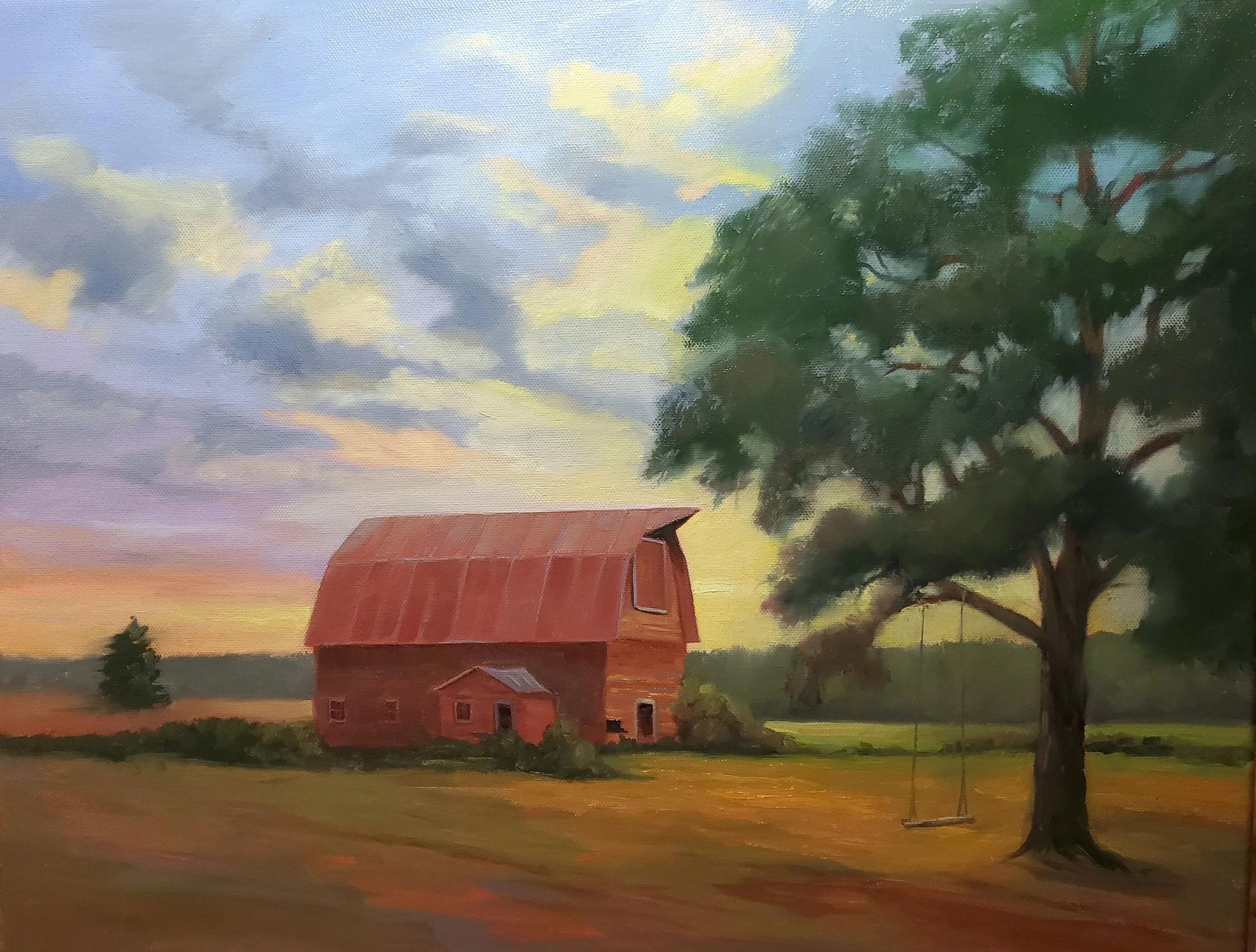 Red Barn at Dusk, Oil on Panel, 16x20 , available