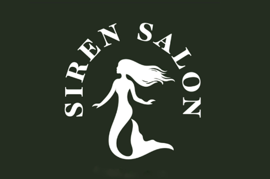 Logo with the words 'Siren Saloon' curved over a silhouette of a mermaid with flowing hair.