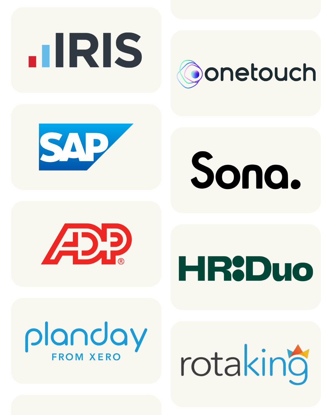 A grid of ten logos of various companies, including IRIS, onetouch, SAP, Sona, ADP, HR: Duel, planday, and rotaking.