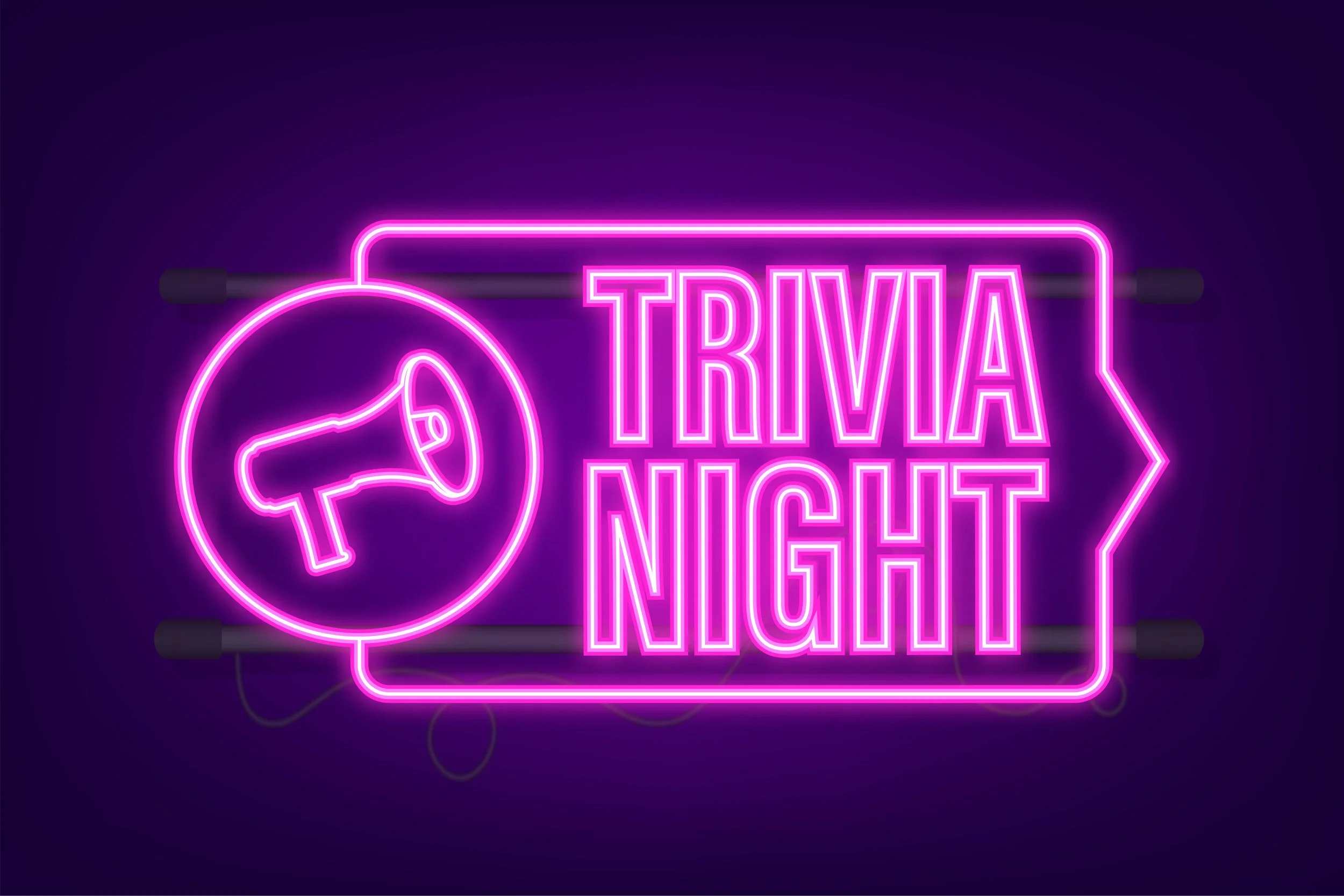 Pink neon sign with a clock and the words 'Trivia Night' against a dark background.