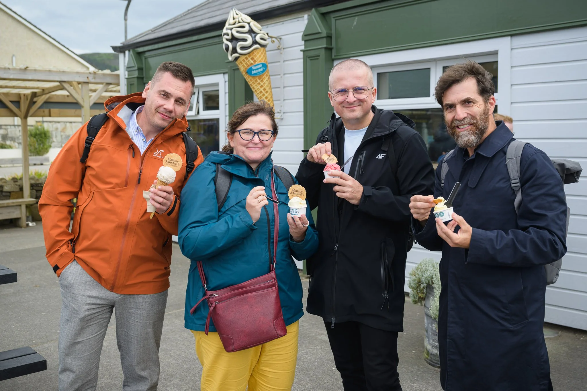 Four delegates enjoying ice cream from Mammy Johnston's at Strandhill during the Western Development Commission REWARD conference